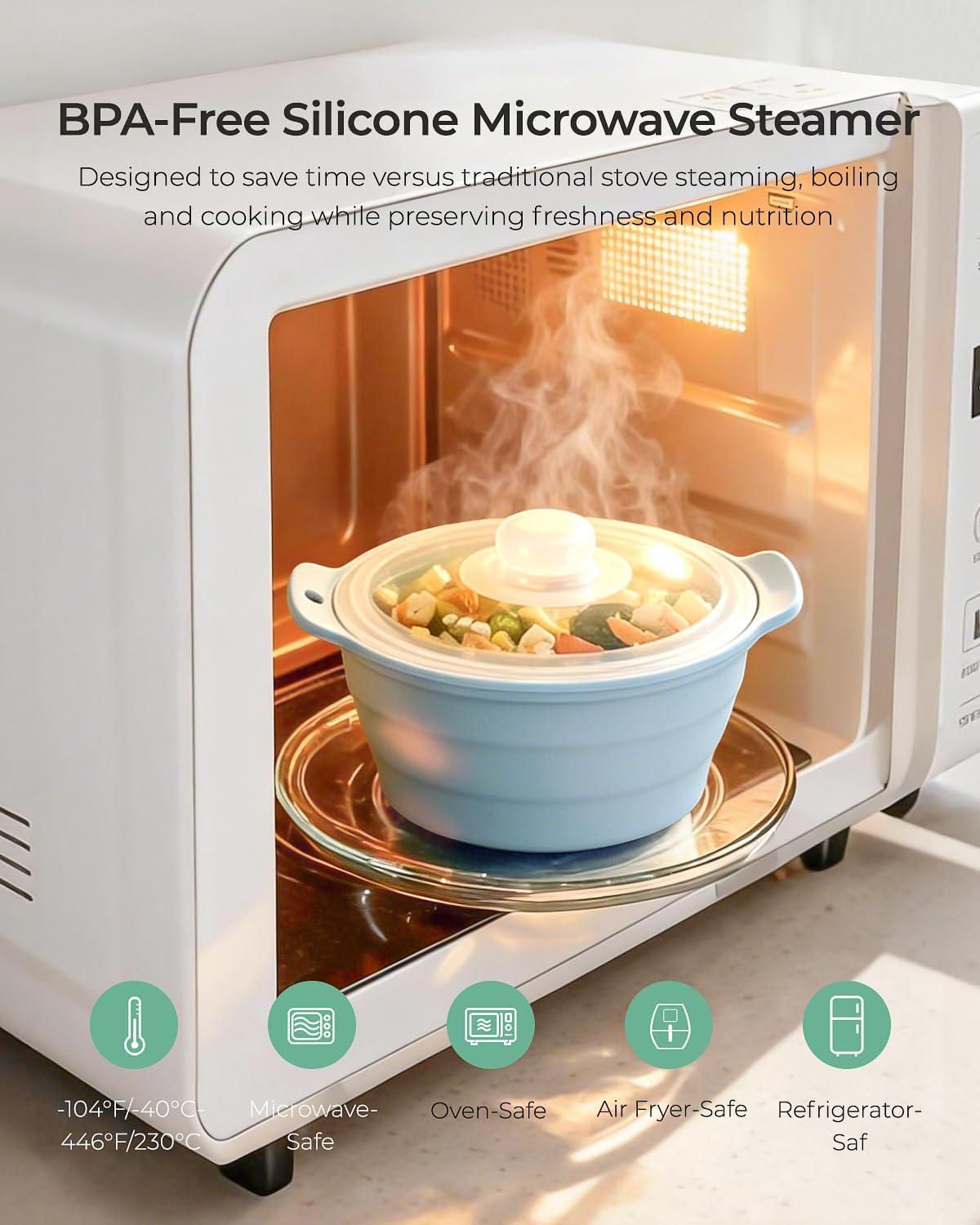 Collapsible Silicone Microwave Vegetable Steamer with Removable Steam Rack, AODISTUCE 42oz BPA-Free Silicone Steamer for Microwave Cooking Fresh & Frozen Vegetables Dumplings Buns Prep Meal, Dishwasher Safe