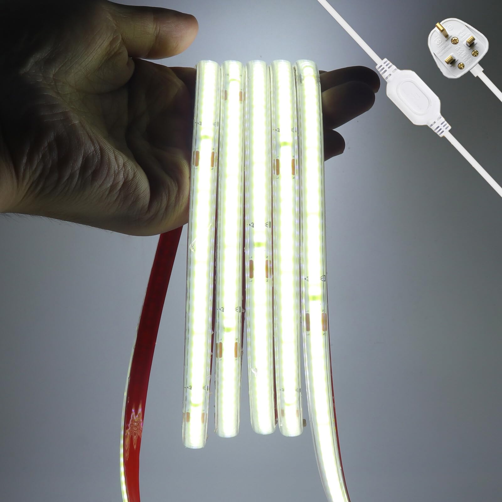 KAFULA 220V COB LED neon Light, IP65 Waterproof Flexible, 240 LEDs/m Super Bright FCOB LED Strip CRI90+, can be Cut Every 10cm, Double-Sided Tape for Home Decoration [36M, White Light 6000K]
