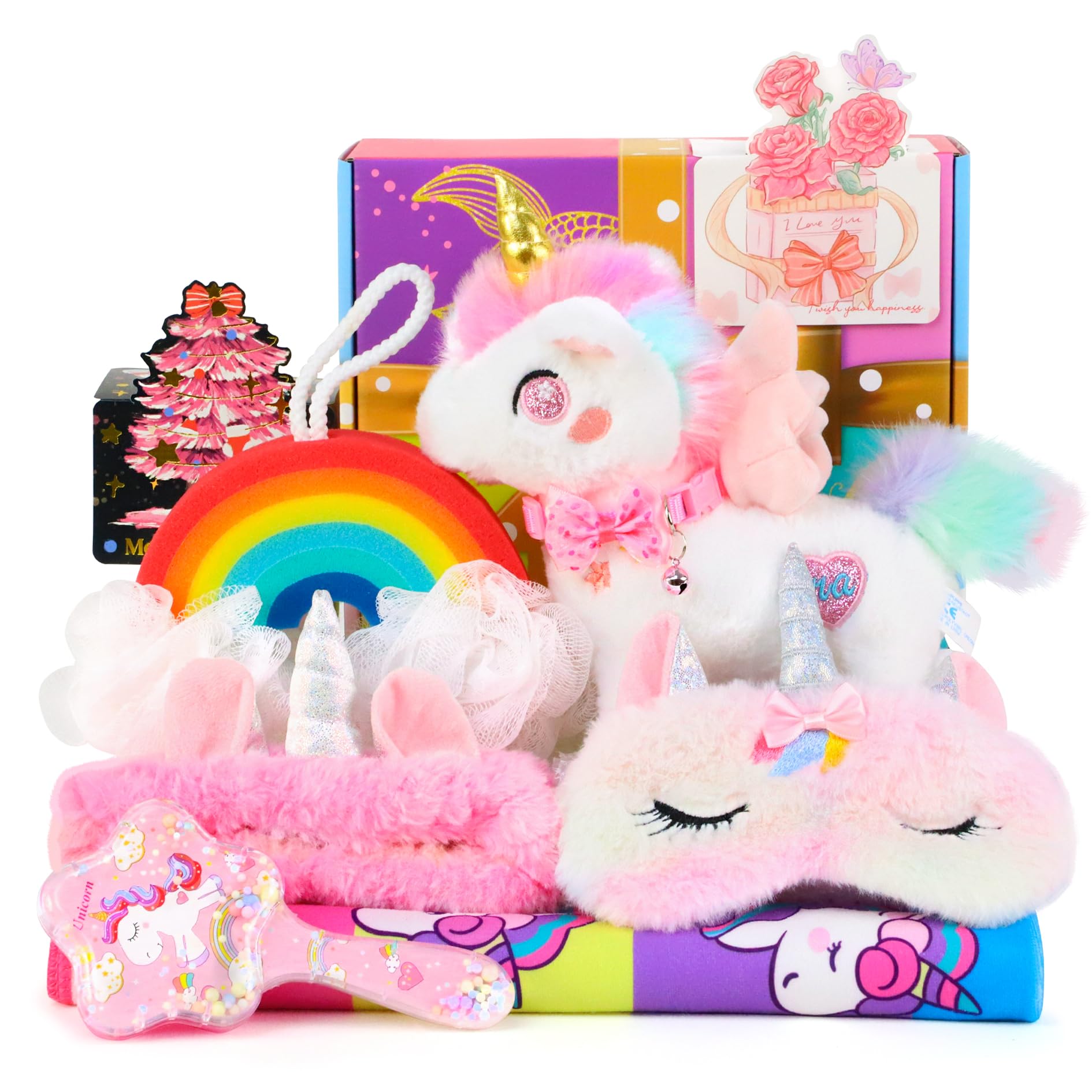 LSSAGOON Unicorn Birthday Plush Toy Gifts Gift Set for Girls Age 3-5 6-8 9-12,Bath Toys Gifts Set with Bath Towels,Headband,Bath Sponge,Sleep Mask,Comb etc.for Christmas,Easter Gifts