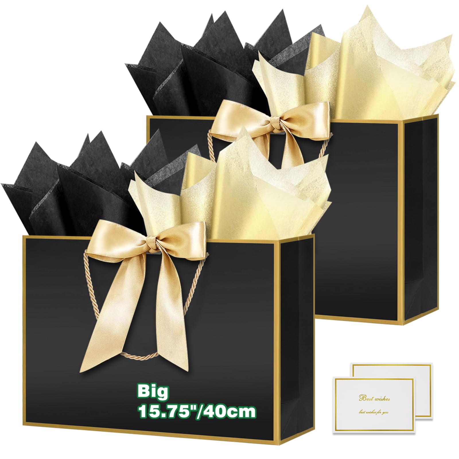 HONTIUS 2PCS 15.75'' Extra Large Gift Bag, Recyclable Presents Big Paper Gift Bags with Handles Ribbons Cards, 40*30*12.5cm Wedding Birthday Party Present Bridesmaid Gift Gifts Bag Reinforced Base D