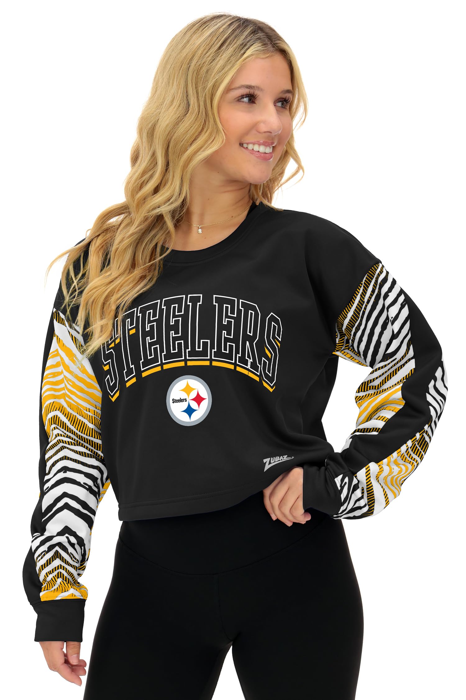 Zubaz NFL Teams Women's Graphic Crop Top Sweatshirt with Zebra Sleeves (X-Small - 3X-Large)