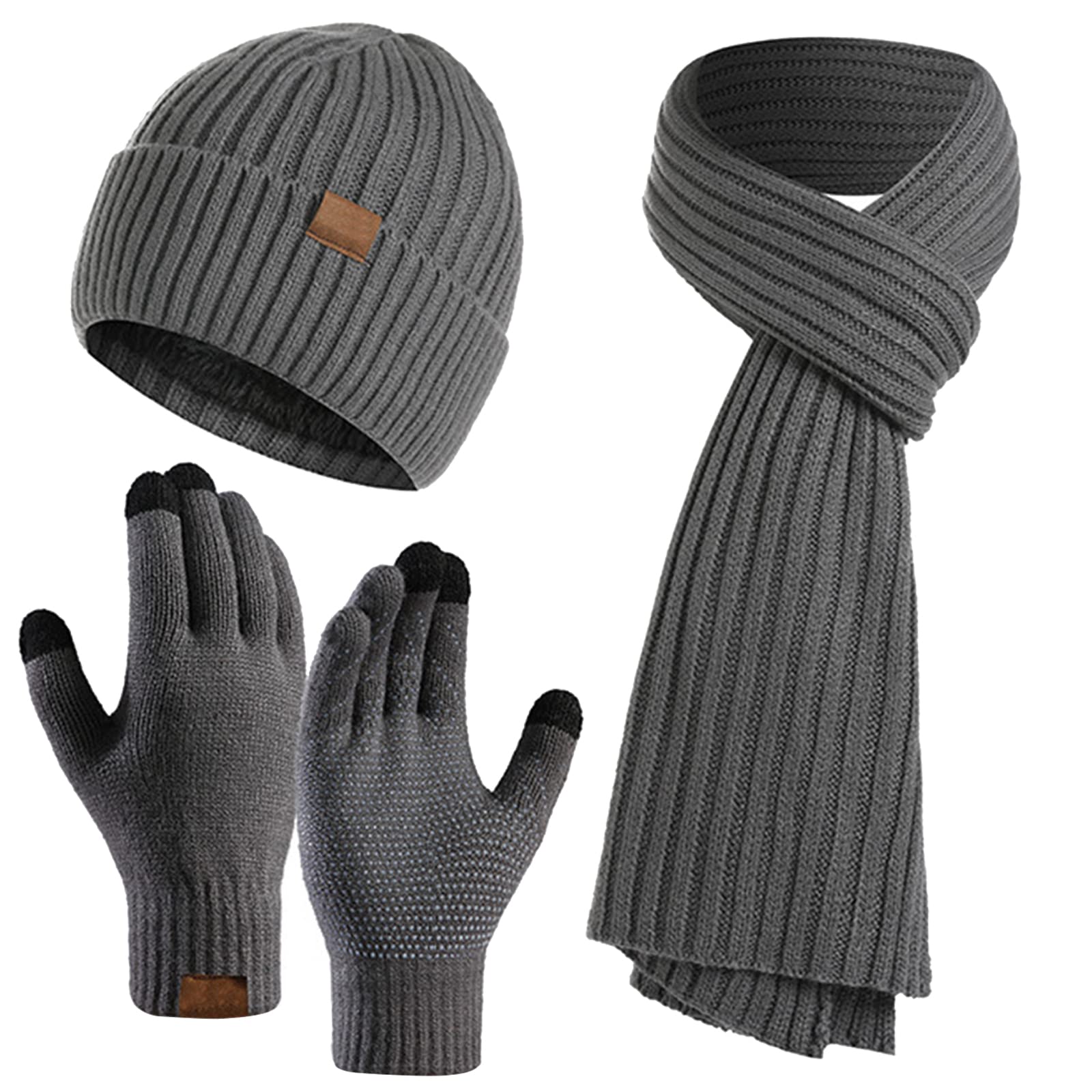Set di 3 guanti invernali unisex con cappello e sciarpa a maglia calda, guanti touchscreen, sciarpa lunga, per uomini e donne