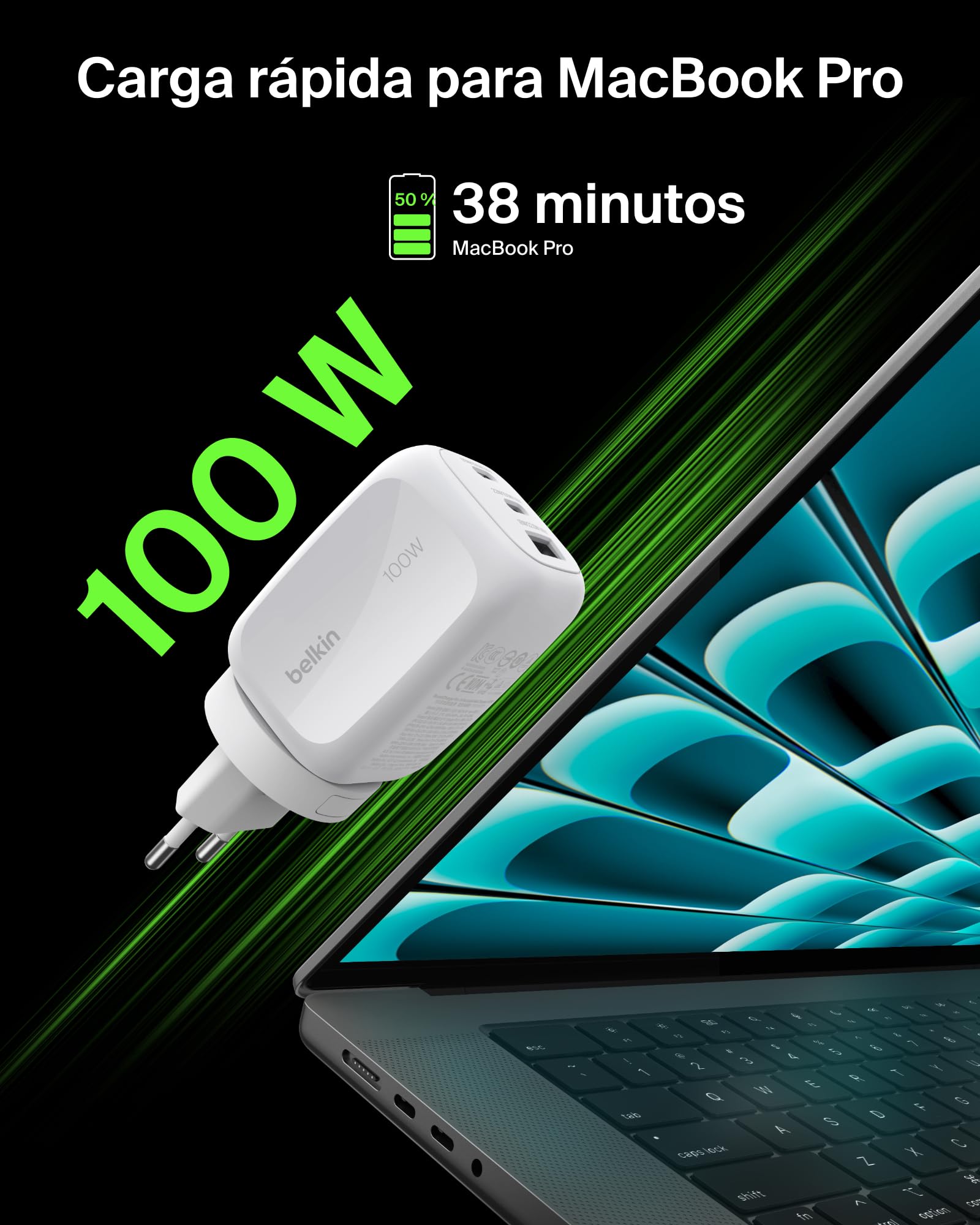 Belkin Cargador USB-C, 3 Puertos, Cargador GAN de 100 W, 2 USB-C y 1 USB-A, Enchufe EU, UK, USA, Carga Rápida para MacBook, iPhone, iPad Pro, Samsung Galaxy, Google Pixel, etc - Blanco