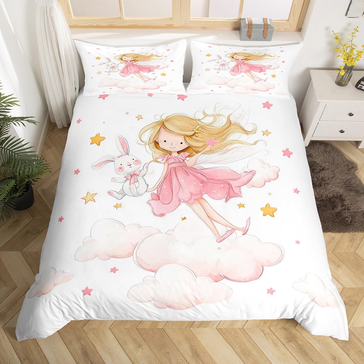 Homewish Cute Pink and White Duvet Cover Set for Kids Girls Bedding Single Size Cartoon Rabbit Quilt Cover Kawaii Pink Yellow Stars Bed Sets with 1 Pillowcase