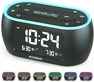 HOUSBAY Glow Alarm Clock Radio: 7-Color Night Light, Dual Alarms, FM Radio, USB Charger, Battery Backup, Nap Timer for Bedroom