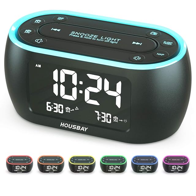 HOUSBAY Glow Small Alarm Clock Radio for Bedrooms with 7 Color Night Light Dual Alarm Dimmer USB Charger
