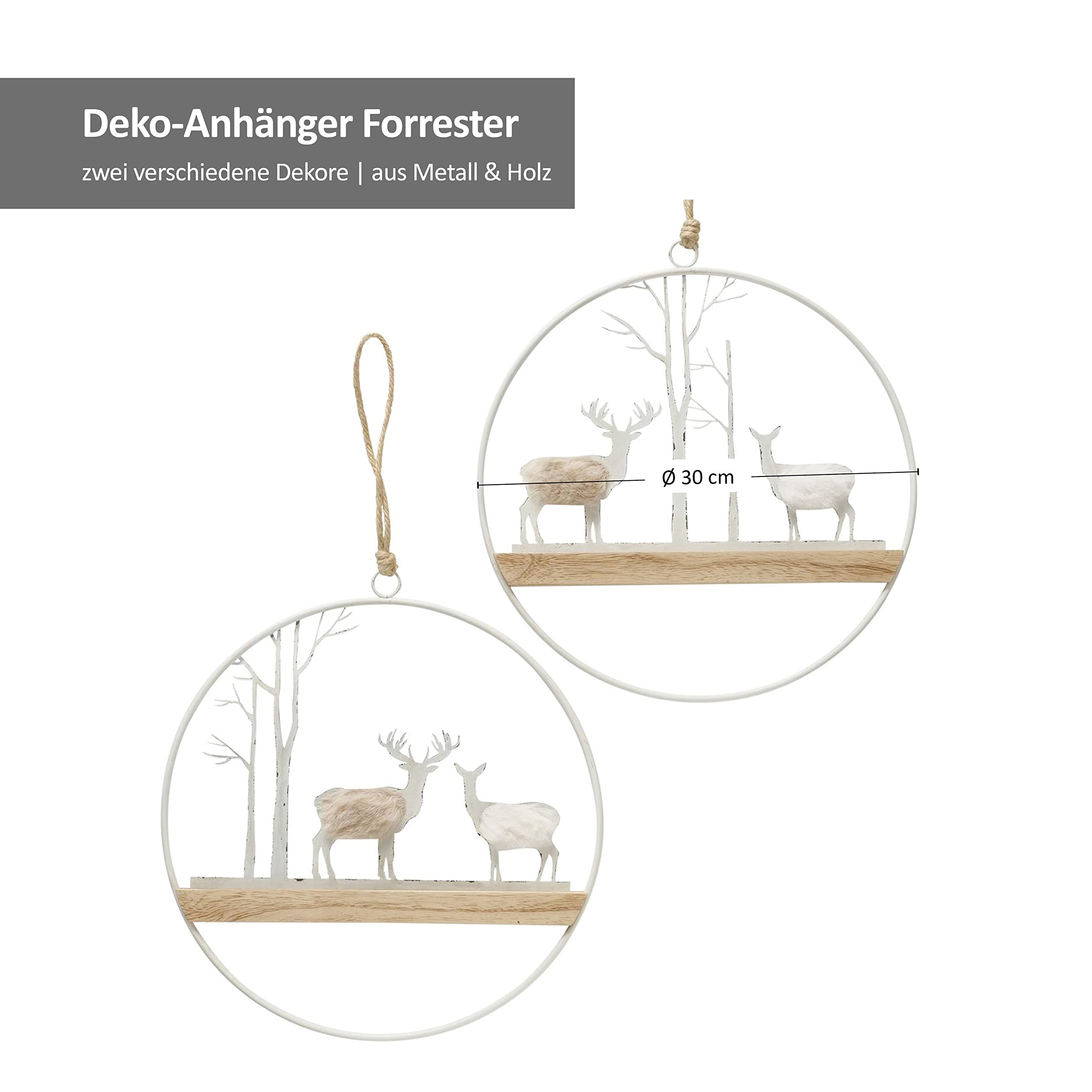 MamboCat 2tlg Set Deko-Anhänger Forrester aus Holz & Metall I Hirsch-Dekor mit Winterlandschaft I L 30cm, H 30cm I Weihnachts-Schmuck, Advents-Deko hängend, Christbaum, Fenster-Accessoire I X-Mas