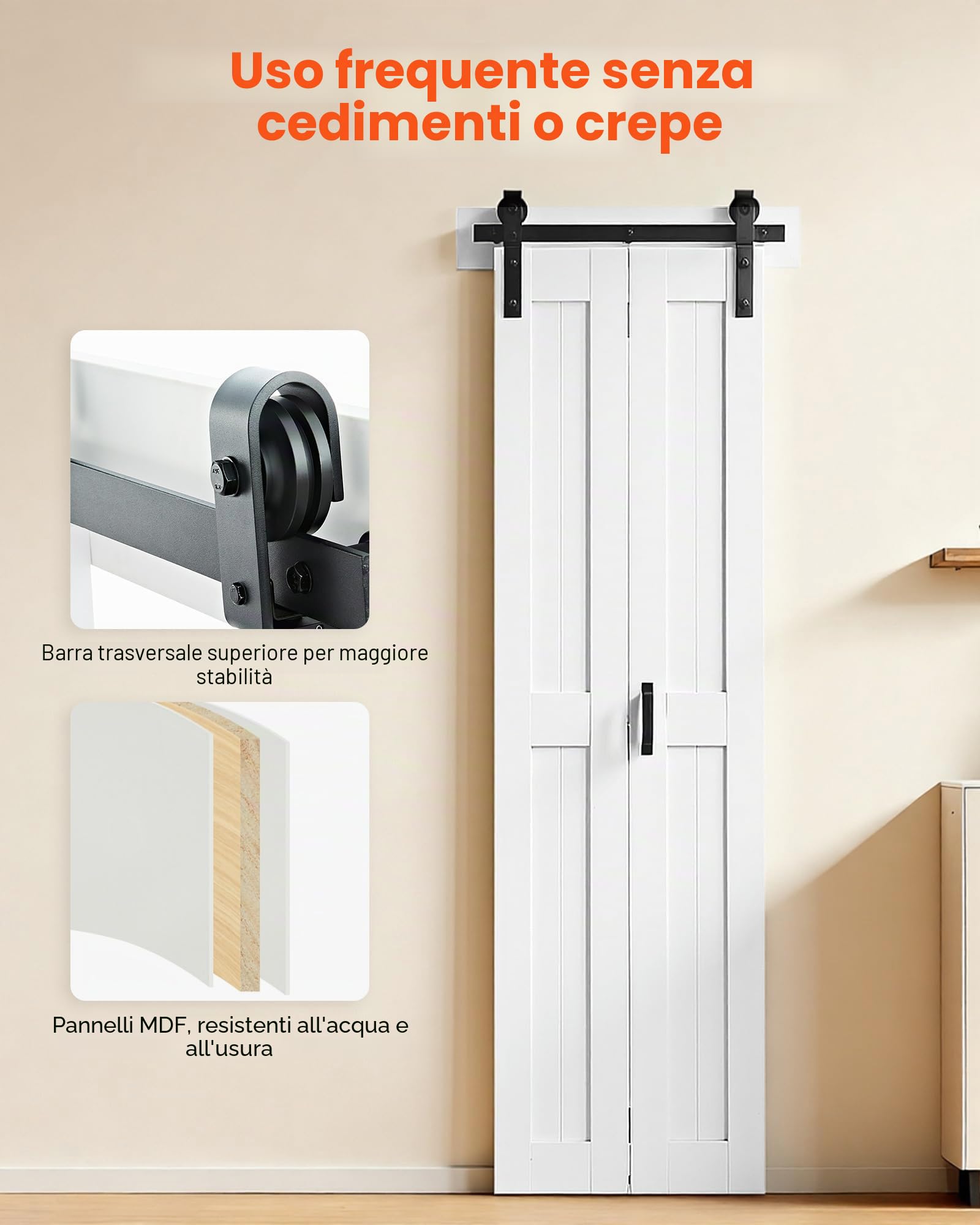 VEVOR Porta Scorrevole a Soffietto da 609 x 2134 x 35 mm, in MDF per Armadio con Kit Ferramenta, Design Salvaspazio con Telaio a H, Assemblaggio Autonomo per Camera da Letto, Guardaroba, Bianco