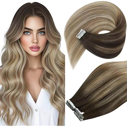 Ve Sunny Tape in Hair Extensions Human Hair Dark Brown Ombre Light Blonde with Platinum Blonde Hair Extensions Real Human Hair Tape in 16inch Extensions for Women 20Pcs 50G