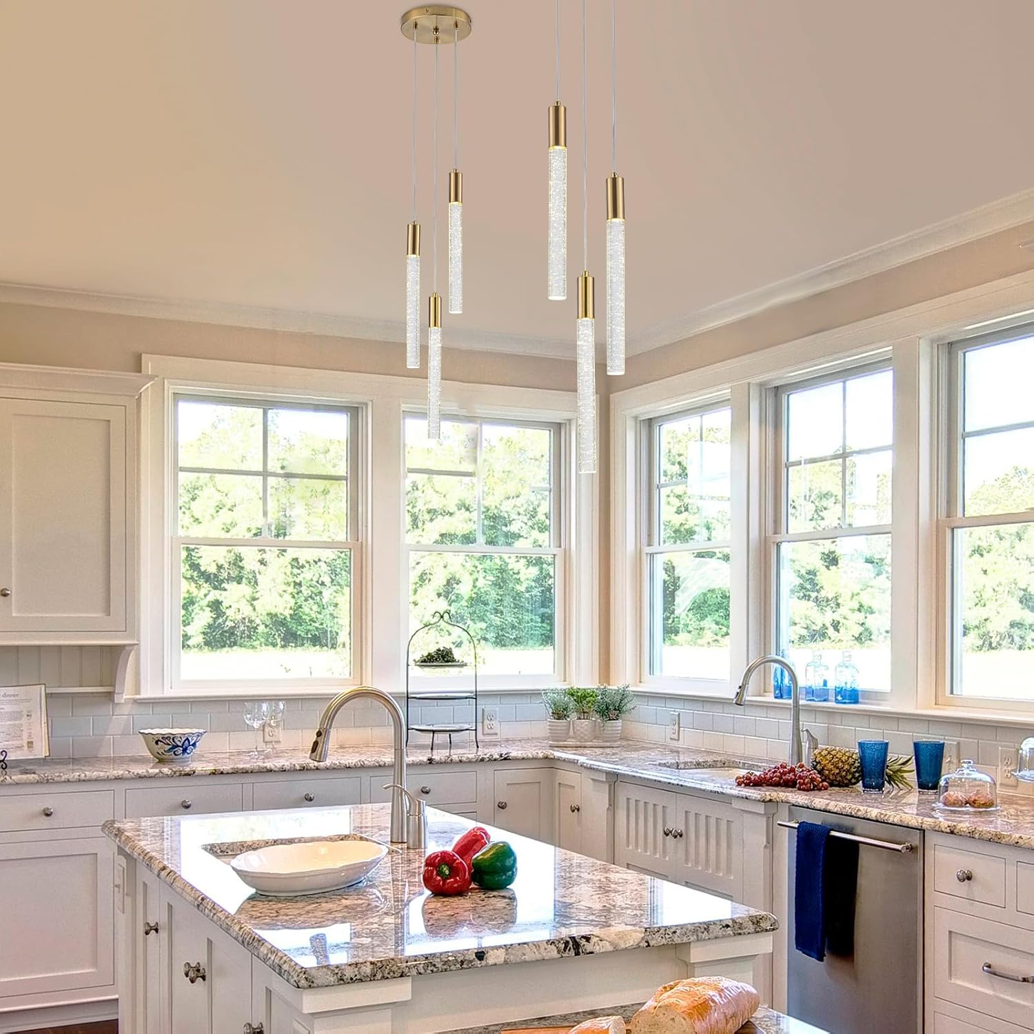 Gold Crystal Column Chandeliers Kitchen Island Lighting 3-Lights Round Pillar Raindrop Bubble Pendant Light Hanging Ceiling Lights for Dining Room Bedroom