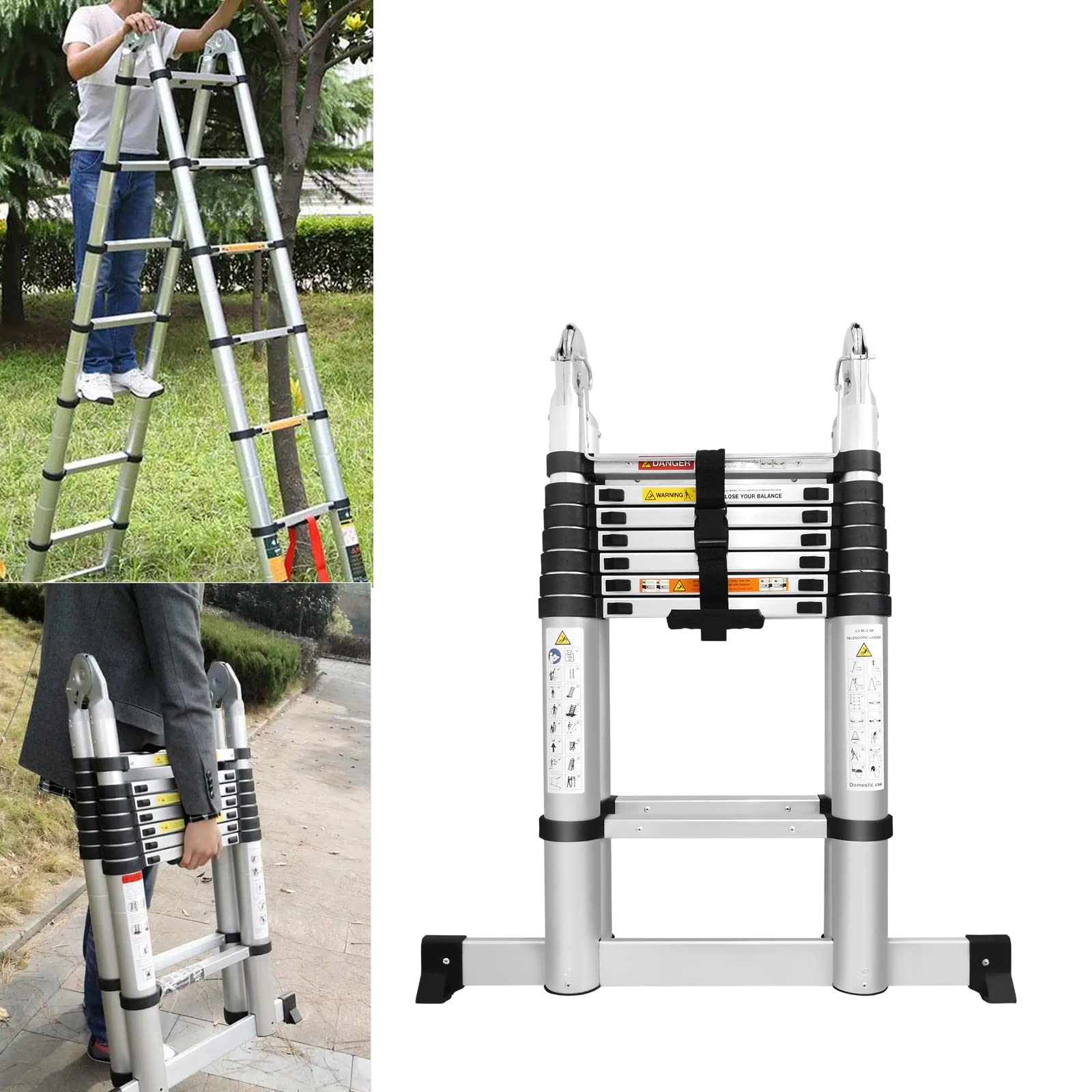 Folding Telescopic Ladder 6.2ft+6.2ft, Multipurpose Folding Aluminum Extension Ladder w/Stabilizer, Extendable Portable Loft Ladder EN131, Max Capacity 330LB — image 1