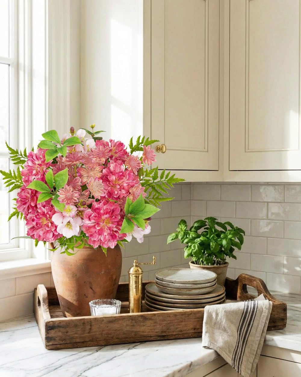 Hollyone 2Pcs Dahlia Artificial Flowers Bouquets Pink Fake Spring Wildflowers Silk Floral Arrangements Wedding Bride Bouquets Faux Flowers for Home Kitchen Office Table Centerpieces Wedding Decor