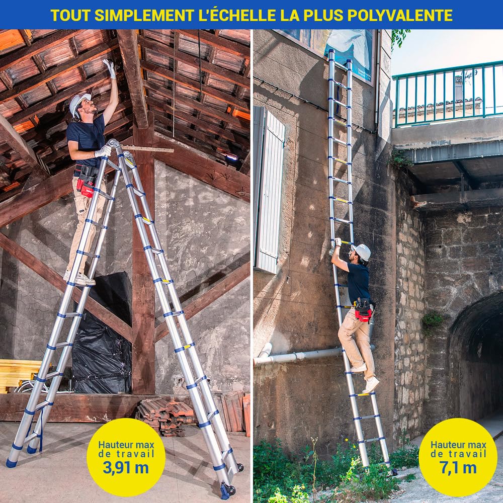 HOSTRÖM Echelle télescopique articulée 6,2m STEMPAKT, escabeau 2x10 marches Pliable Professionnel Multifonction, H Max Travail 7,1m, Garantie 5 Ans