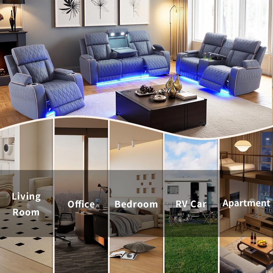 Power Reclining Sofa Couch Set with Drop-Down Table, 3PC Blue Grey Leather Recliner Couch Sets, Living Room Furniture Sets, Recliner Sofa with Storage Console/Cup Holder for Home/Apt/Office