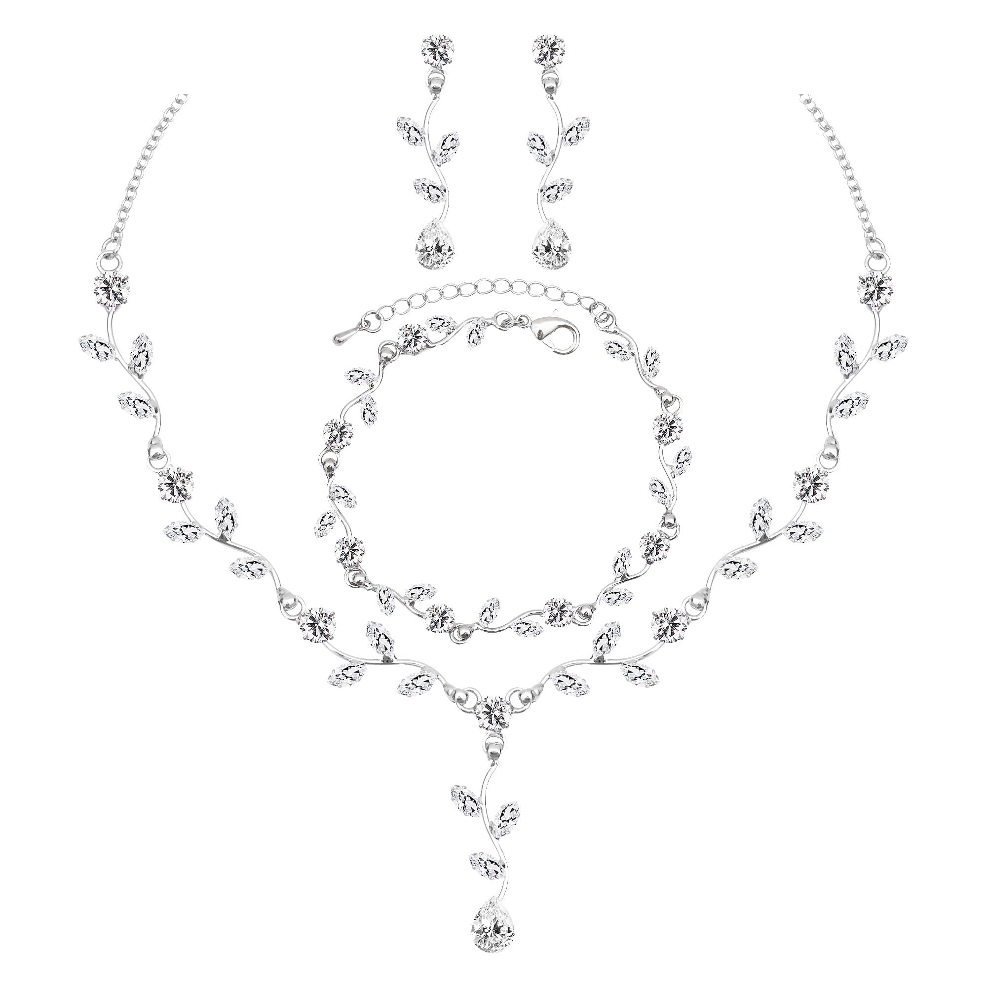 Elegant Bridal Jewelry Sets for Wedding Bride Leaf Shape Cubic Zirconia Necklace Earrings Bracelet Set Prom Costume Accessories