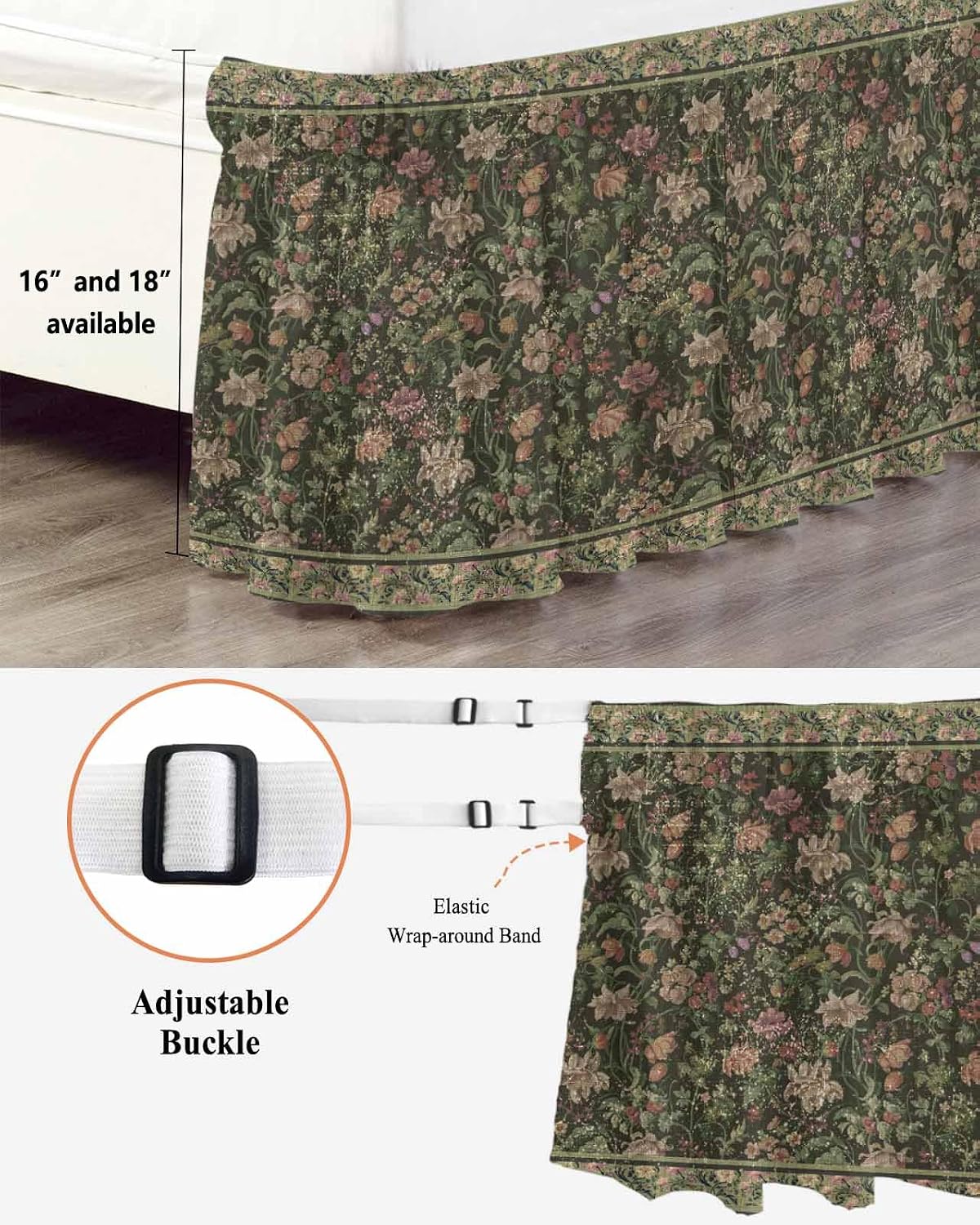 Sage Green Floral Bed Skirt King Size 16 Inch Drop, Adjustable & Elastic Wrap Around Bed Skirts Pleated Luxury Dust Ruffles for Twin Full Queen Cal King Base Bed, Ethnic Tribe Abstract Art Flowers