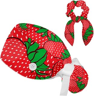 FVQL 2 Pieces Surgical Cap for Long Hair Scrub Cap with Hairband Nurse Cap, Fruit Pattern Strawberry