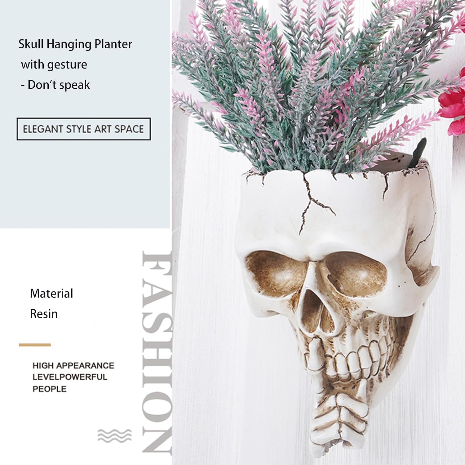 Skull Wall Planter,Skull Shaped Hanging Resin Planter Pot Home Decor Gift,Funny Design Flower Pot for Indoor Outdoor Plants,Skeleton Sculpture Decorations (White, Don't Speak)