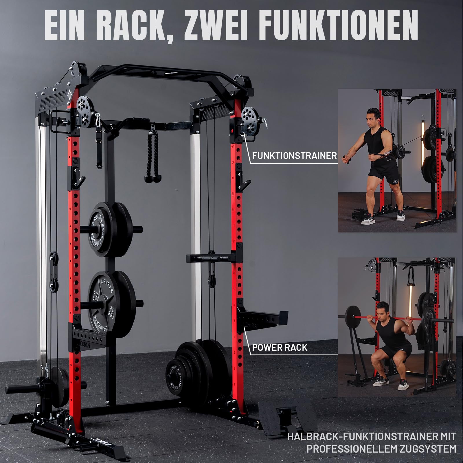 Power Cage, Power Rack mit Latzugstange, Kabelzugstation mit J-Hacken, Landmine, Band Peg, Battle Rope Seil, Squat Rack mit 680kg maximaler Belastung für das Heim-Fitnessstudio