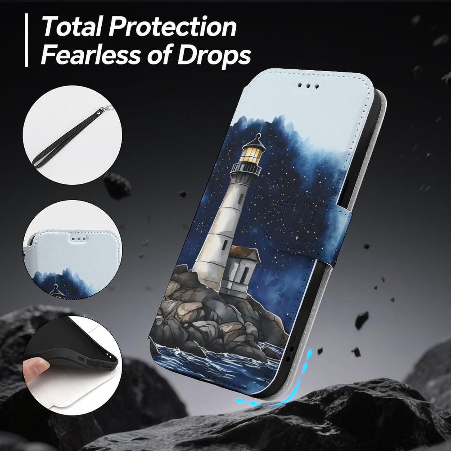 Lighthouse Starry Sky Compatible with iPhone 16/16 Plus/16 Pro/16 Pro Max/16 E Case Phone Wallet Card Holder Flip Cover with Wrist Strap