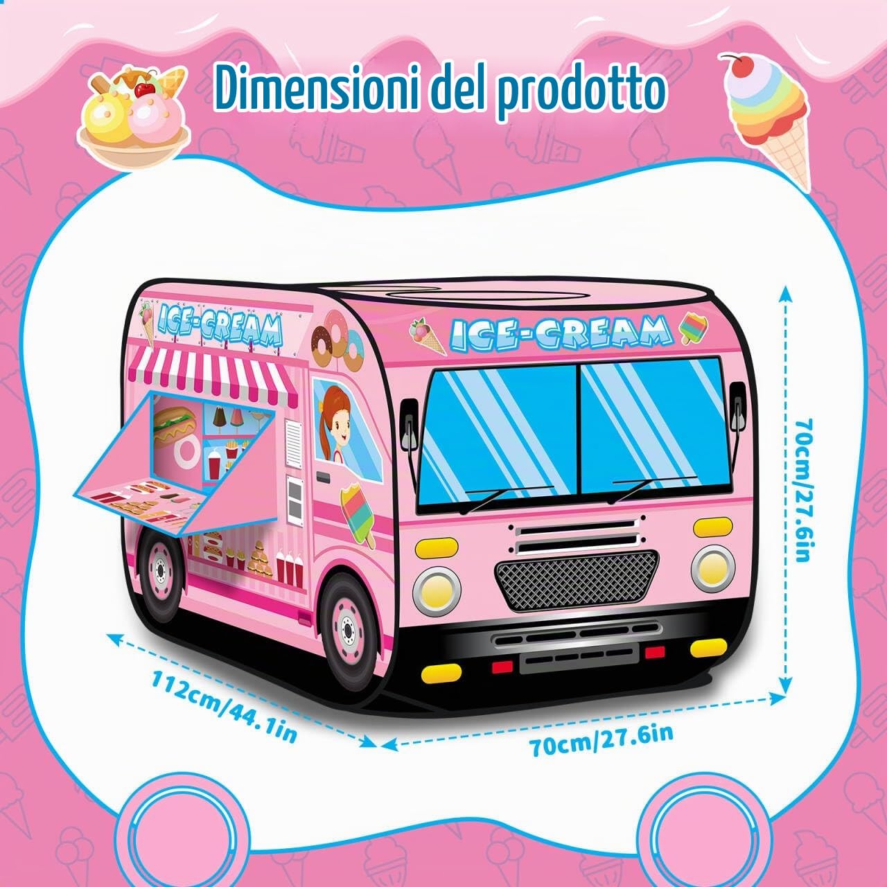 deAO Tenda da Gioco per Bambini Progettazione Pop-Up (Gelateria) | Montaggio Rapido, 2 Bambini, 3+ Anni, Interno/Esterno, Giardino/Casa, Finestre, Porta, Pieghevole, Leggera, Poliestere