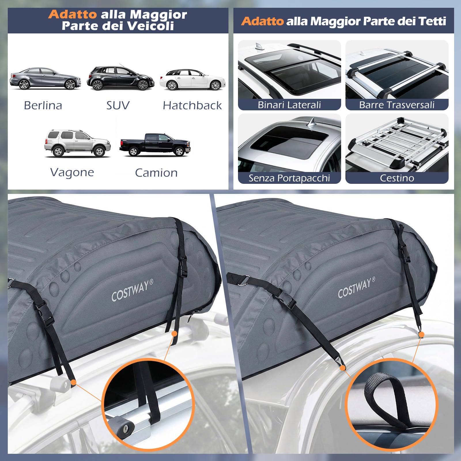 COSTWAY Borsa da Tetto per Auto Impermeabile 14Cu.Ft/400L, Box Tetto Universale Pieghevole con Borsa+ 4 Cinghie Rinforze+ 4 Ganci, Portabagagli per Tutti i Veicoli con/senza Barre Portapacchi (Grigio)