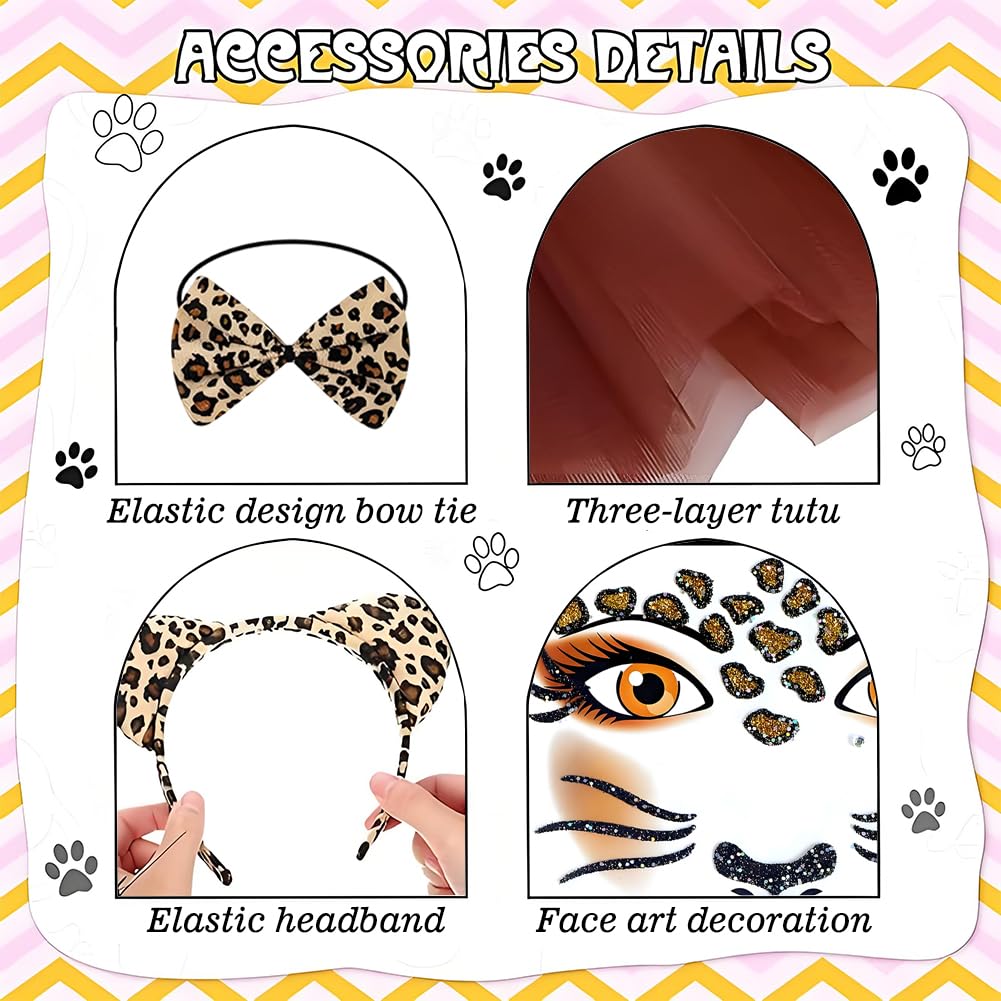 VorErgyllic Leopard Print Costume Set Leopard Ear Headband Tail,Bow Tie Tutu Skirt,Face Tattoo Stickers for Girls Women Carnival Cosplay Christmas Halloween Animal Party Dress (BROWN 2) - Image 3