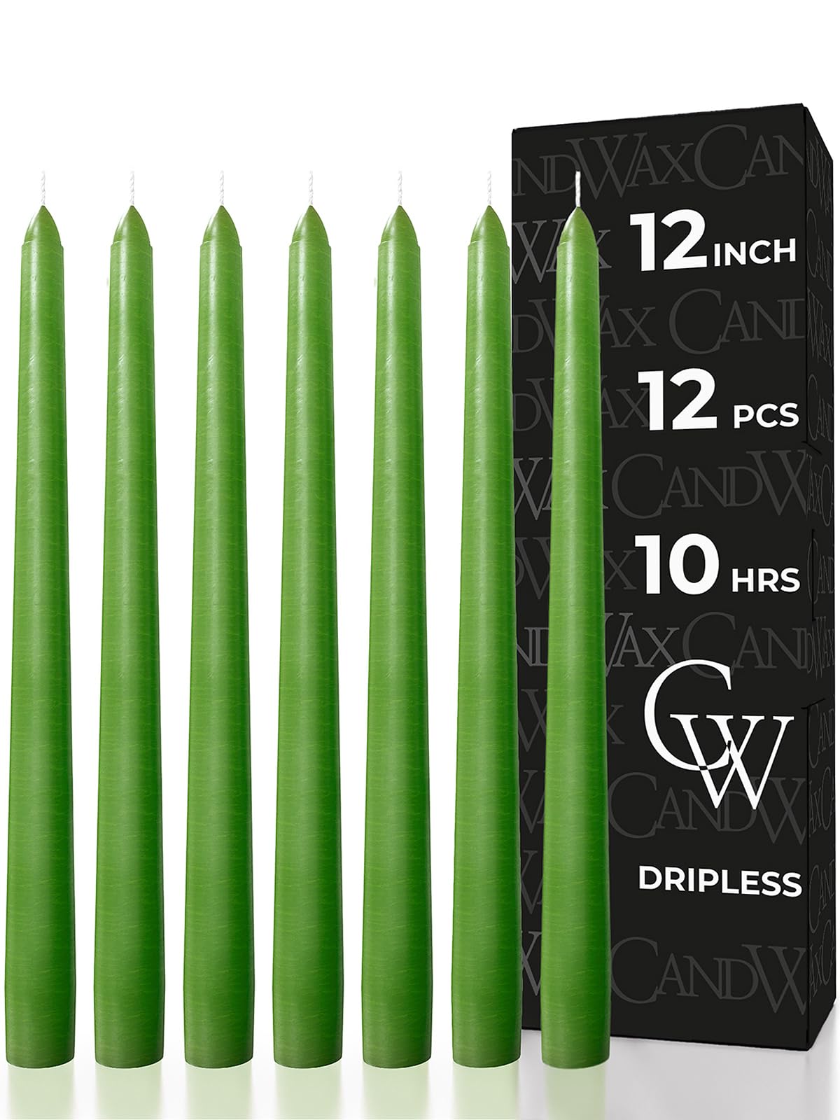 CANDWAX 30 cm Taper Candles Set of 12 - Dripless and Smokeless Candle Unscented - Slow Burning Candle Sticks Ideal as Dinner Candles – Green Candles