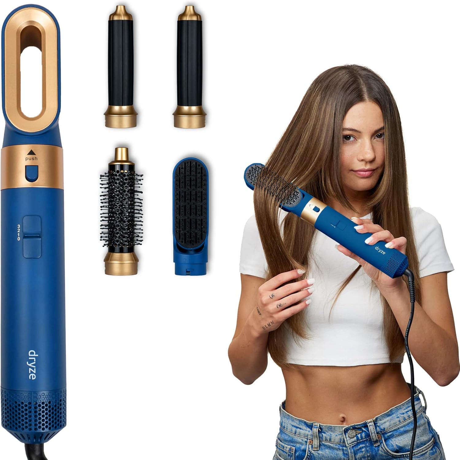 Dryze Airstyler 5-in-1 krultang, haardroger, warme luchtborstel, föhnborstel, föhnborstel, föhn… (Vinca Blue)