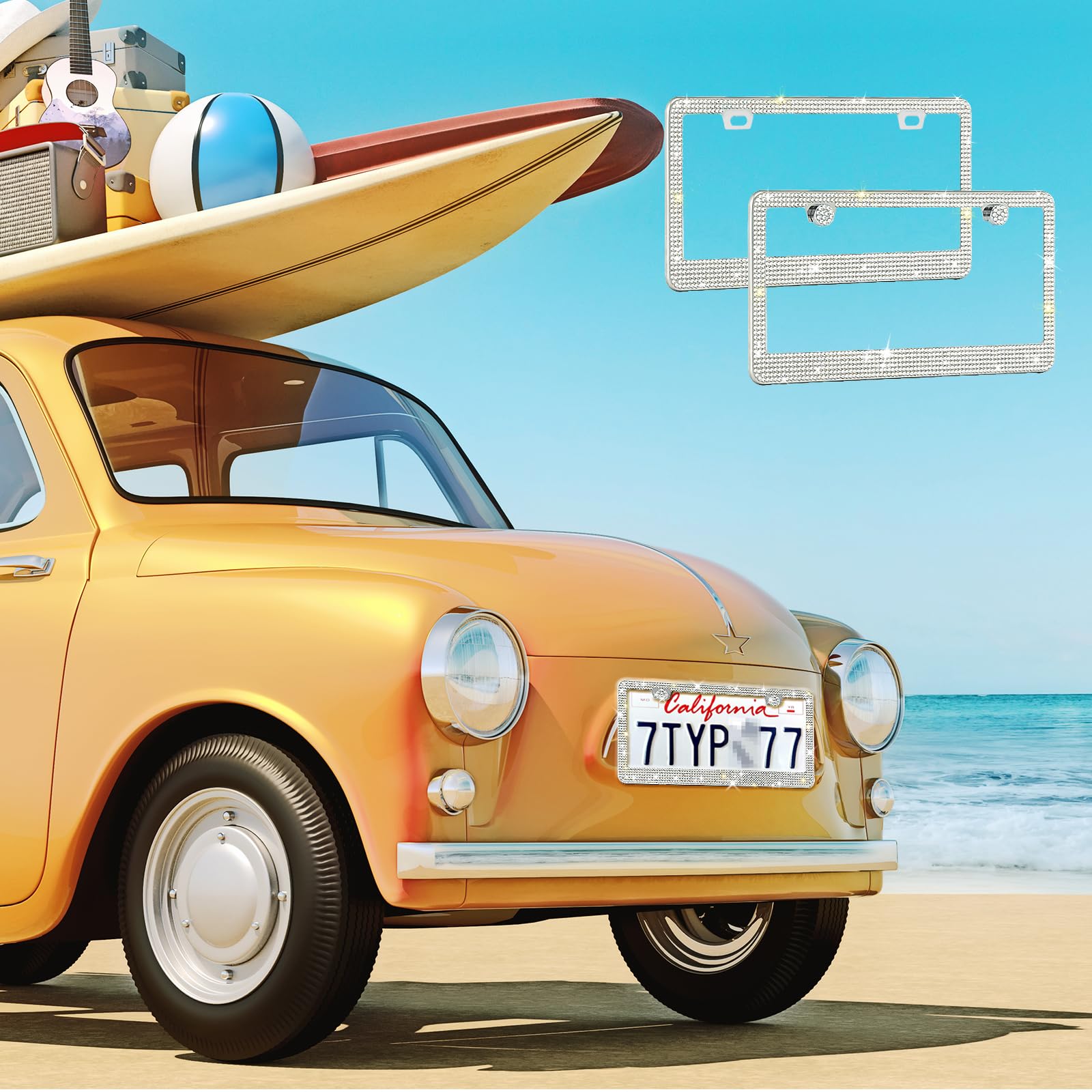 Runone 2 Pack Bling License Plate Frame for Women Sparkly Rhinestone Stainless Steel License Plate Holder Car Accessories — view 6