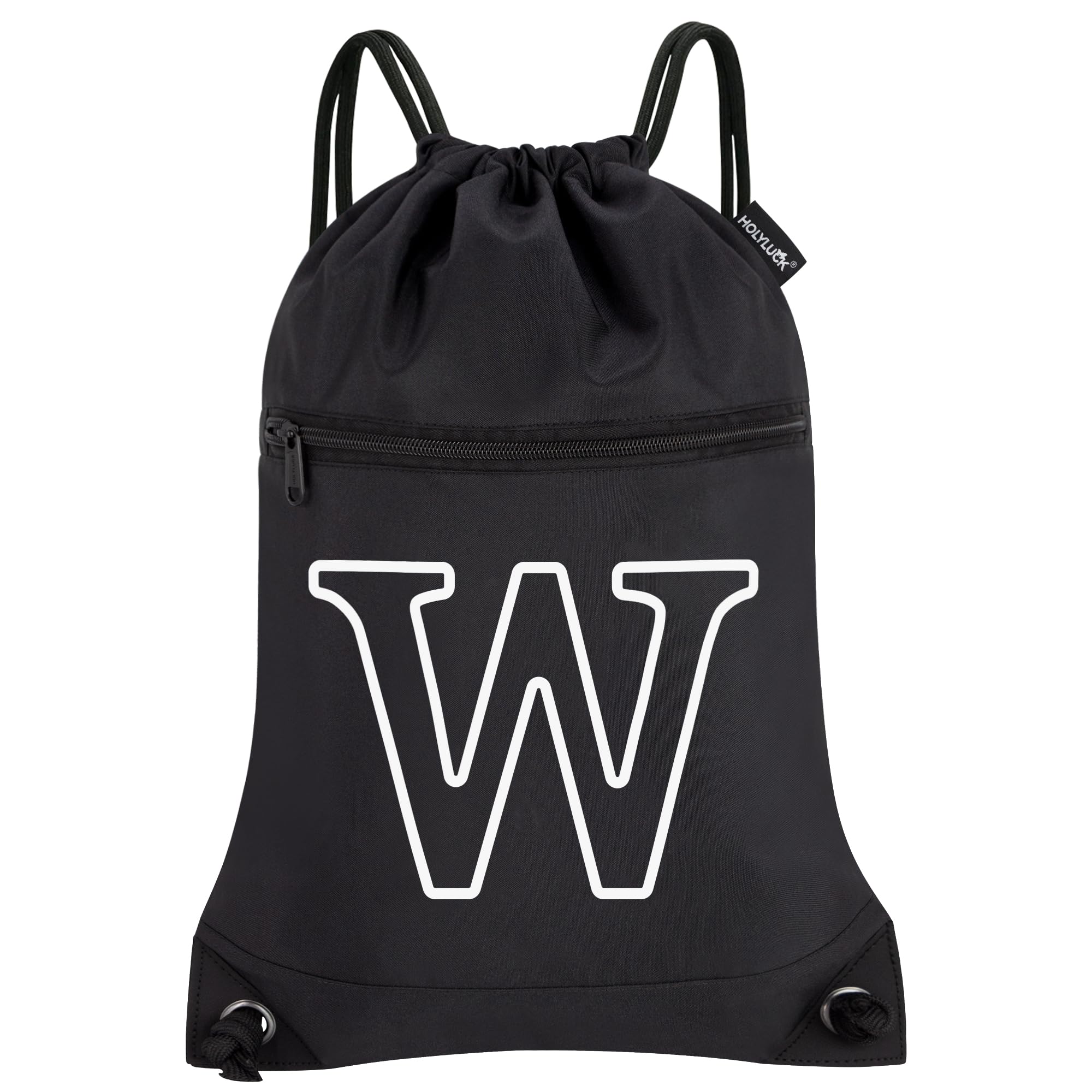 HOLYLUCK Drawstring Bags Initial Backpack Sackpack Cinch Bags for Sports, Gym, Travel, Beach (Black-W)