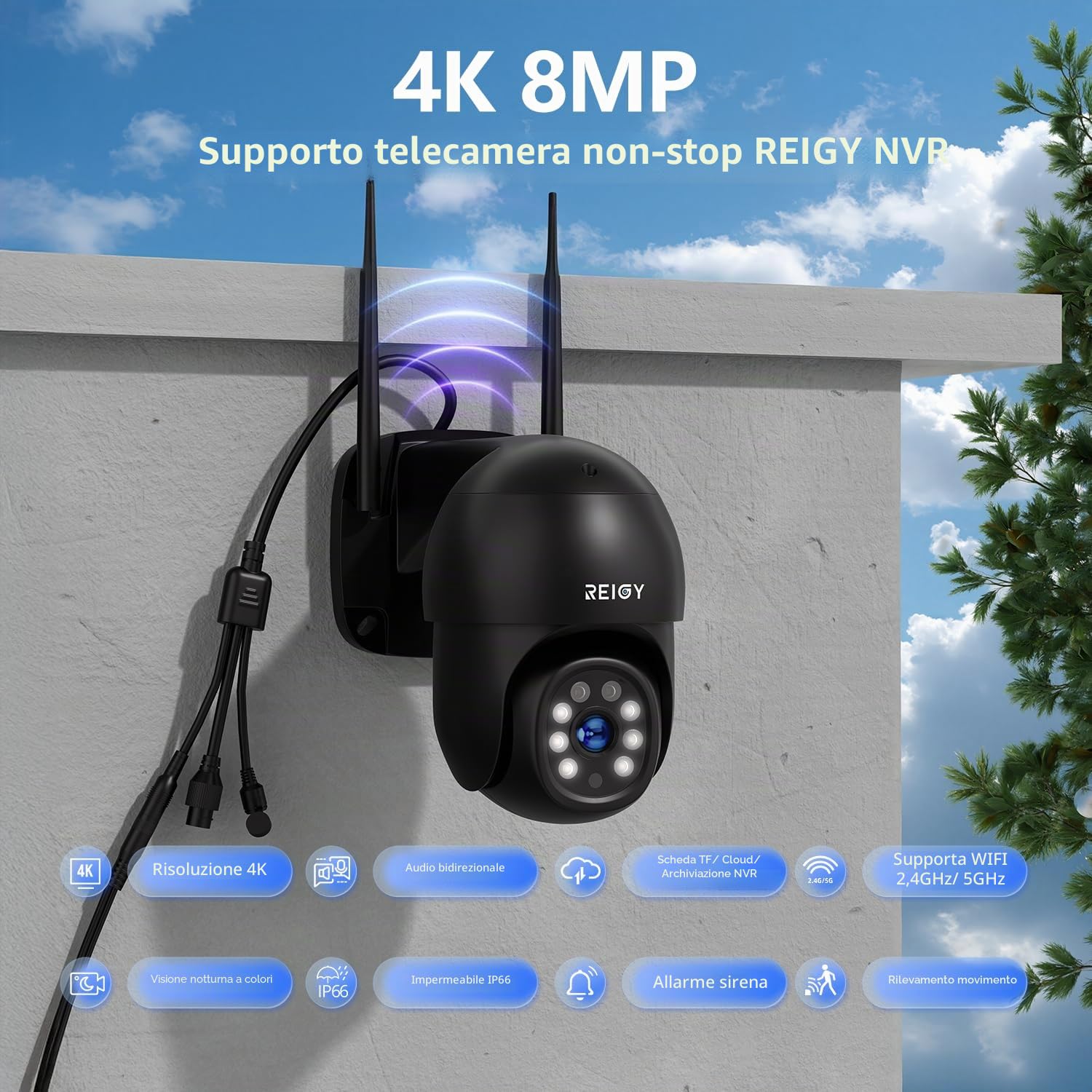 REIGY 8MP Telecamera PT WIFI Esterno 360 Gradi, Videocamera Sorveglianza