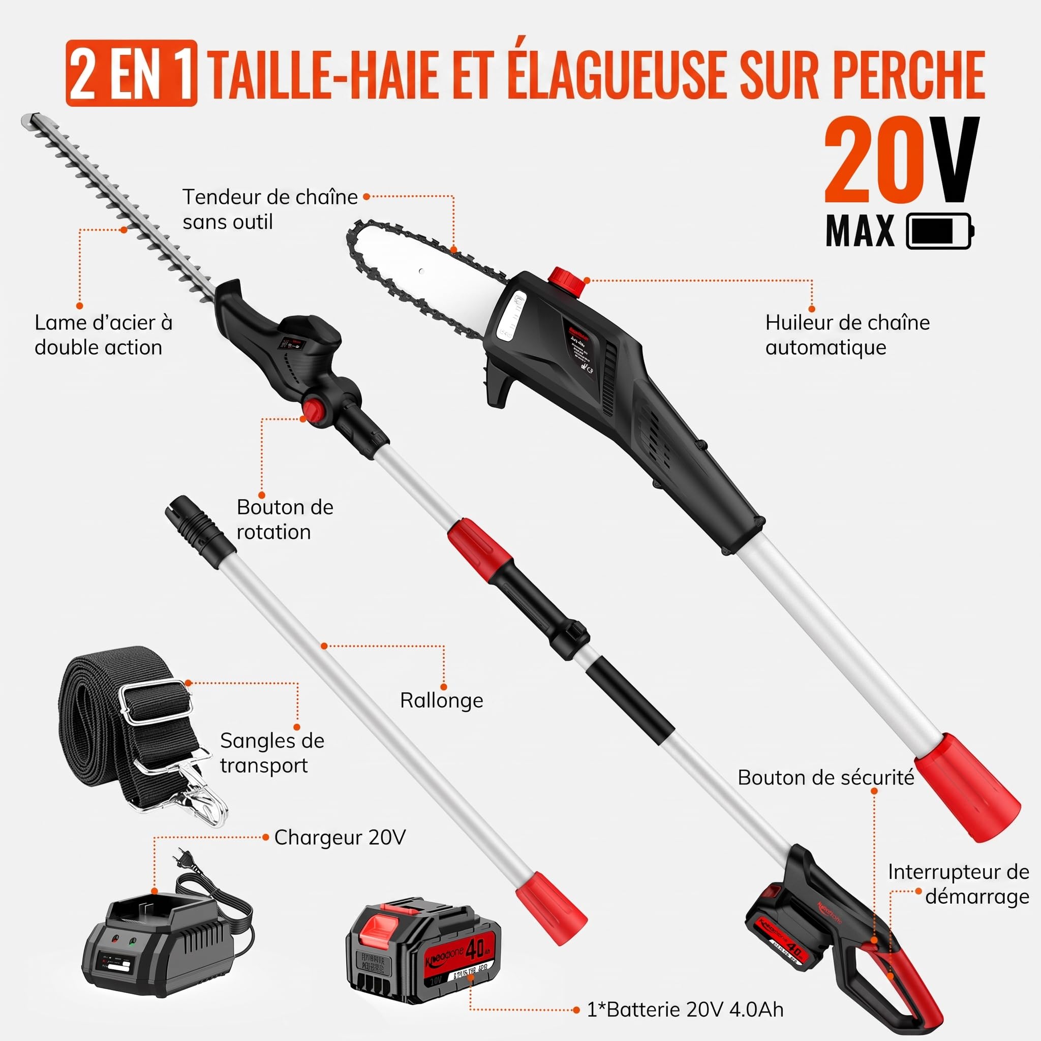 Keenstone 2-en-1 Élagueuse sur Perche et Taille-haie Électrique sans Fil, Double Lame de 42cm, Tronçonneuse de 20cm, Batterie 4,0Ah, Portée Max de 2,8m pour Jardin, Arbres et Arbustes