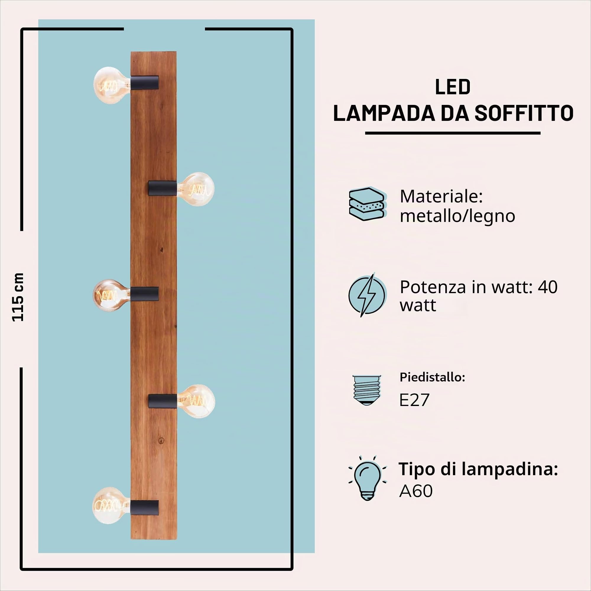 Lightbox Deckenlampe 5-flammig - im Landhausstil - rustikale Holz Deckenleuchte für Wohnzimmer, Schlafzimmer und Flur - exkl. E27 LED