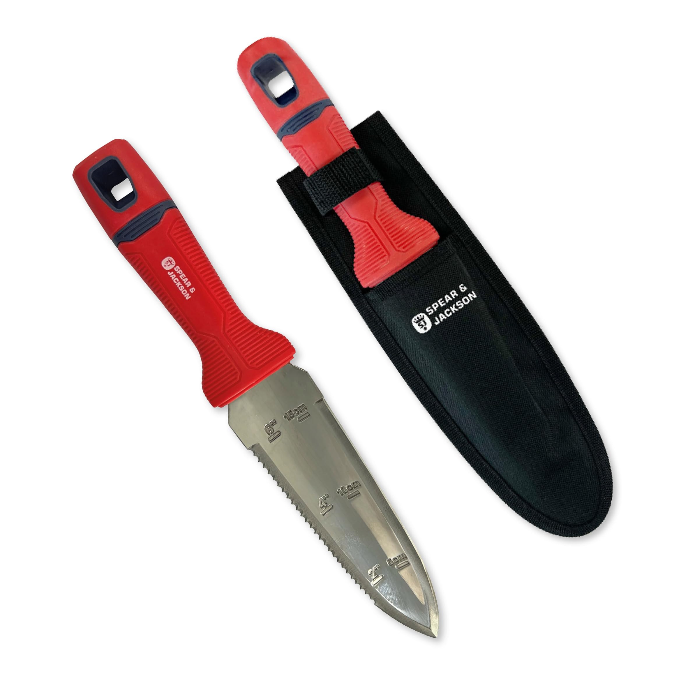 Spear & Jackson 4151HH Razorsharp Hori Hori Multi-Tool – Stainless Steel Versatile Tool with Holster & Belt Loop, Serrated & Straight Edges, Depth Markings, for Planting, Weeding & Cutting