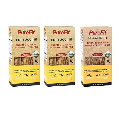 PureFit - Pasta de soja orgánica, paquete de 2 fettuccine y 1 paquete de espagueti, baja en carbohidratos, alta proteína, sin gluten, vegana, sin