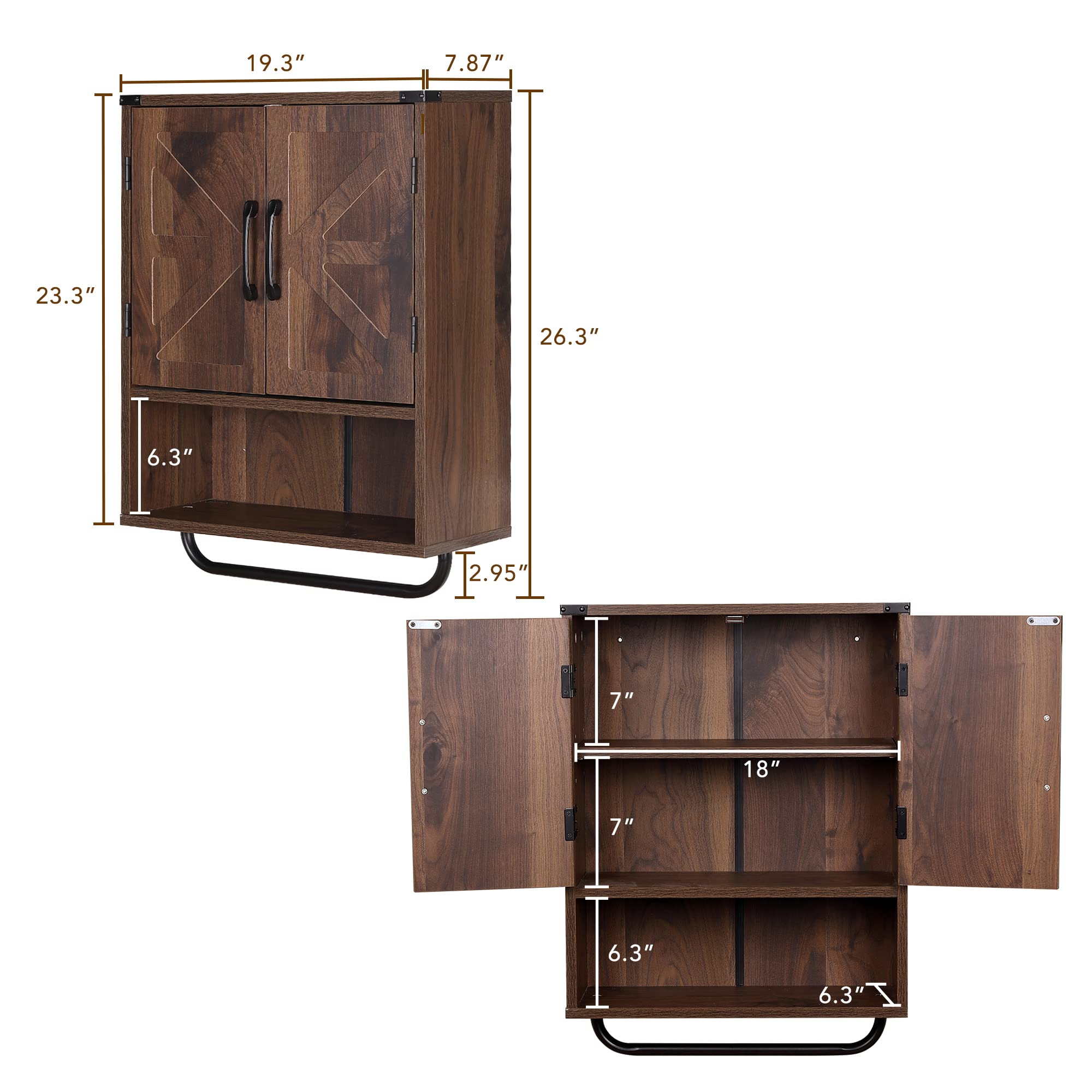 Rustic Wood Wall Mounted Storage with Two Barn Door, 3Tier