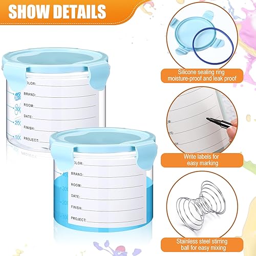 Vista 16 de Skylety Juego de 8 recipientes de plástico para pintura con tapas, recipiente hermético de almacenamiento de pintura con bola mezcladora de acero
