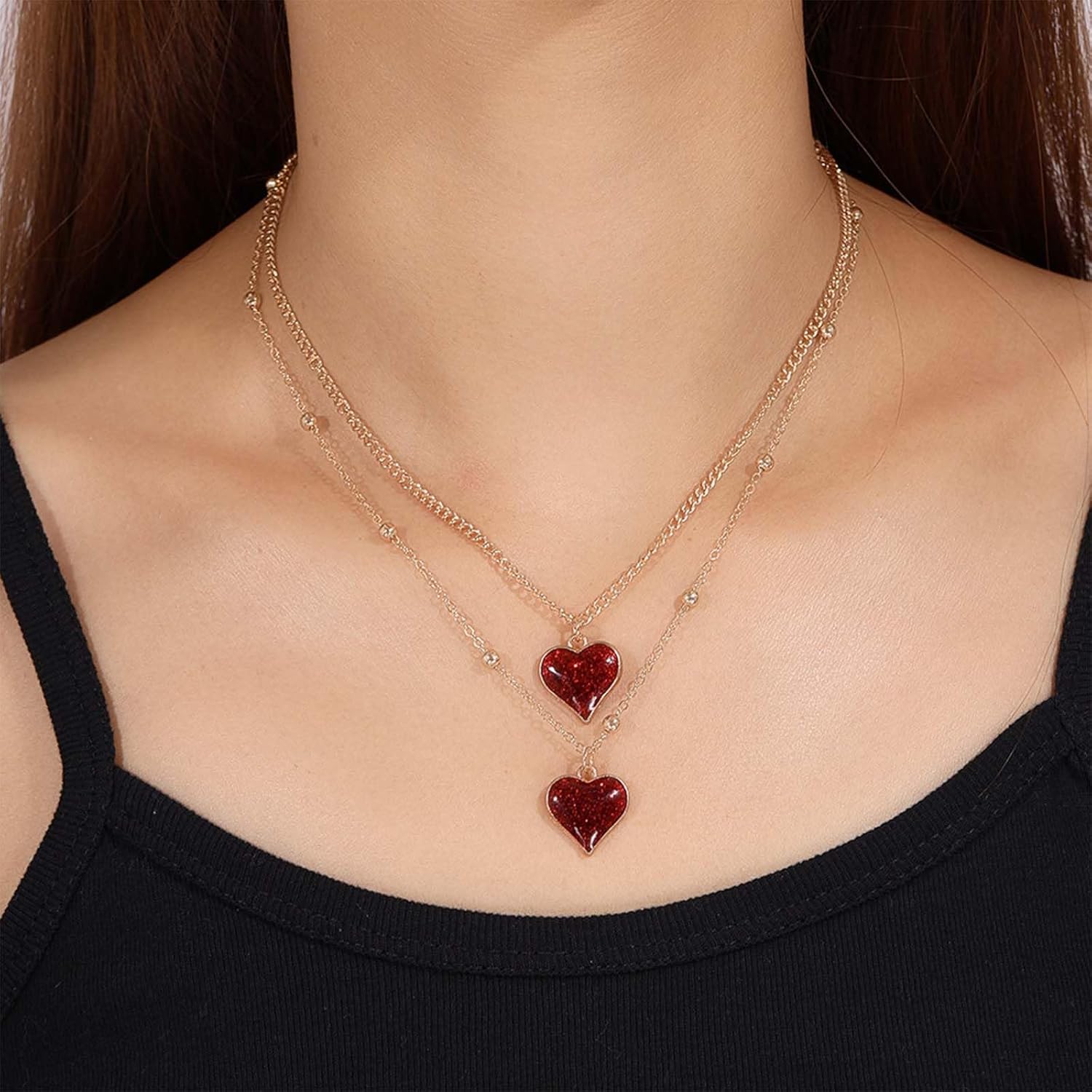 Boho Layered Red Enamel Heart Necklace Double Heart Pendnat Necklaces Gold Satellite Chain Necklace Red Love Necklaces Chain Jewelry for Women - Image 2