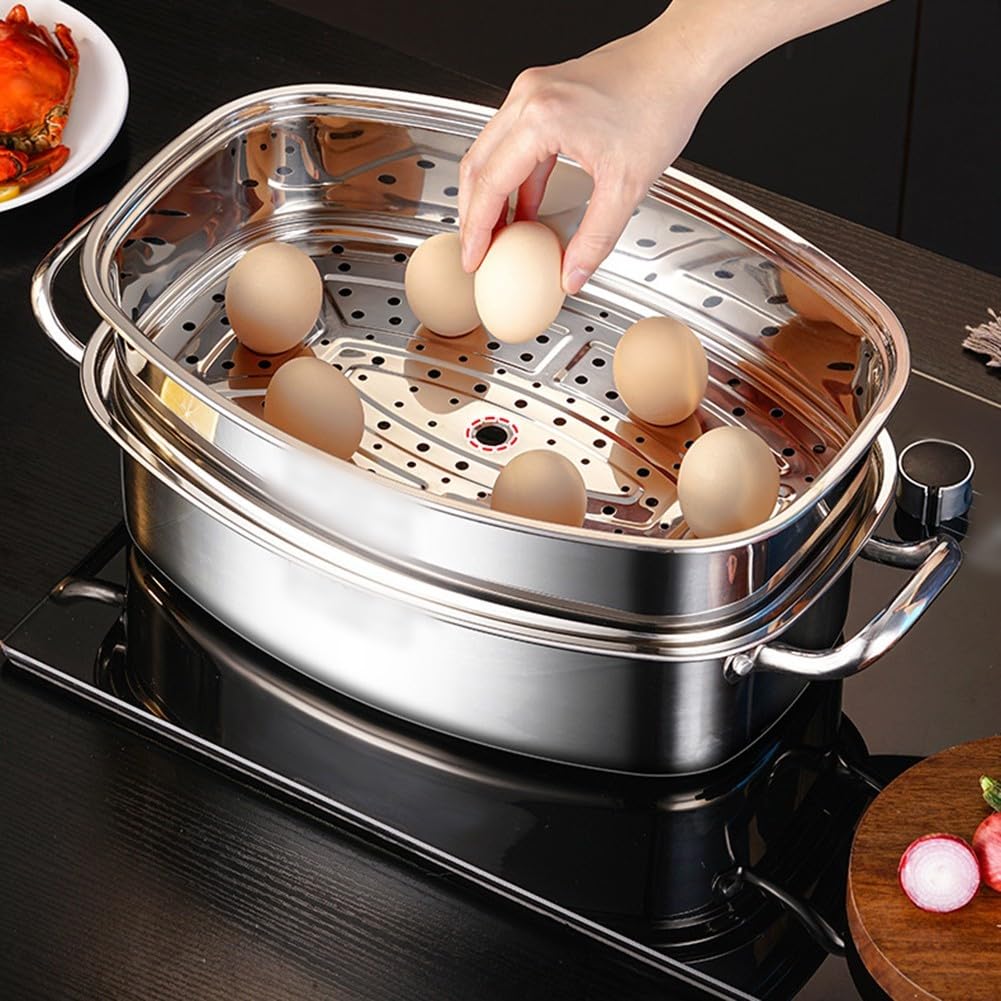 Fisch Dampfgarer Set 38cm Oval Topf mit Glasdeckel und Einsatz Rack für Ganze Fische Gemüse Suppe Inklusive Silikon Handschuhe und Zange Robust Leicht zu Reinigen für Familie Urlaub Küche
