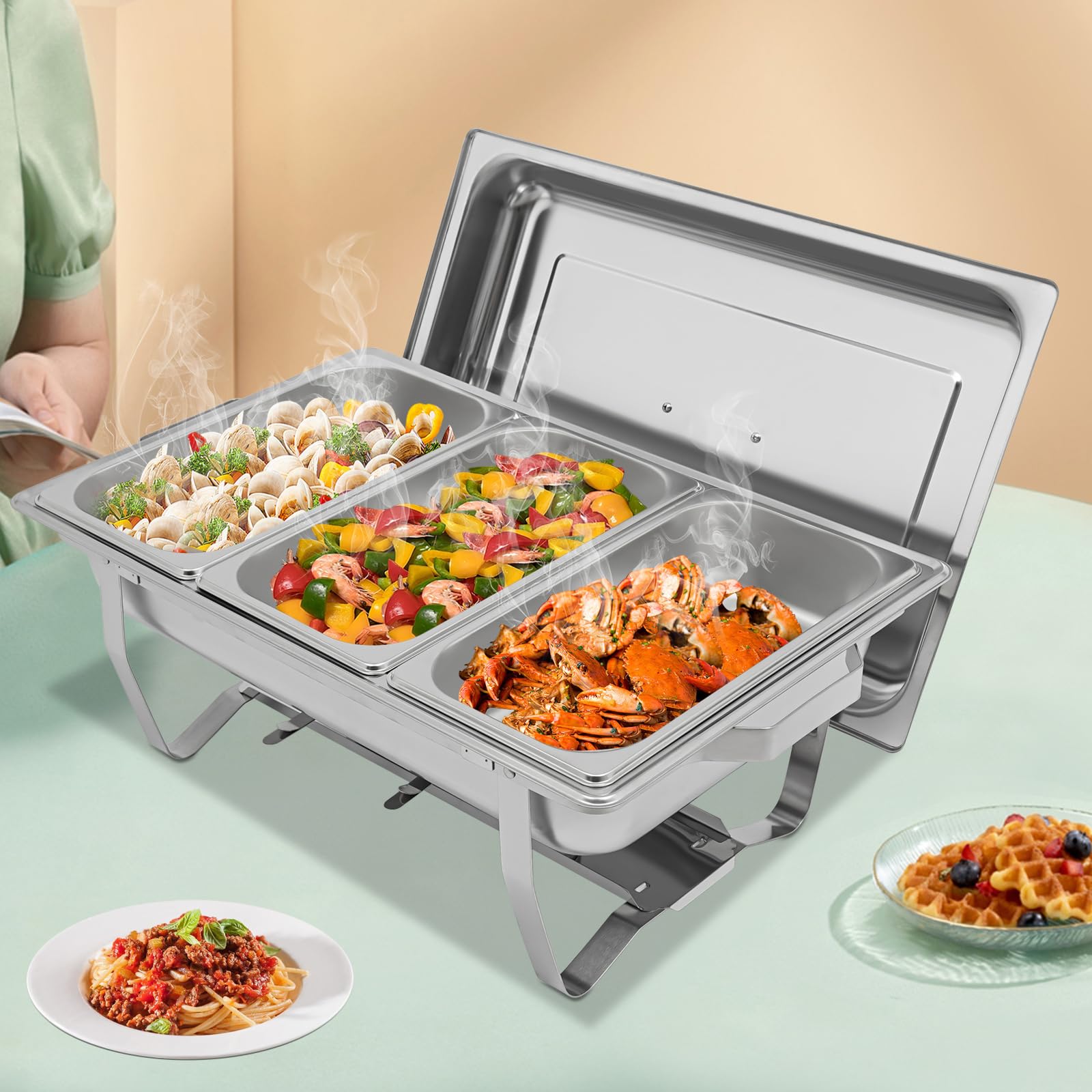 Chafing Dish - Set da buffet da 5 l, 3 pezzi, in acciaio inox, con coperchio e supporto per combustibile, scaldavivande per catering, buffet, feste, matrimoni, ristoranti, 60 x 34,5 x 30 cm, argento