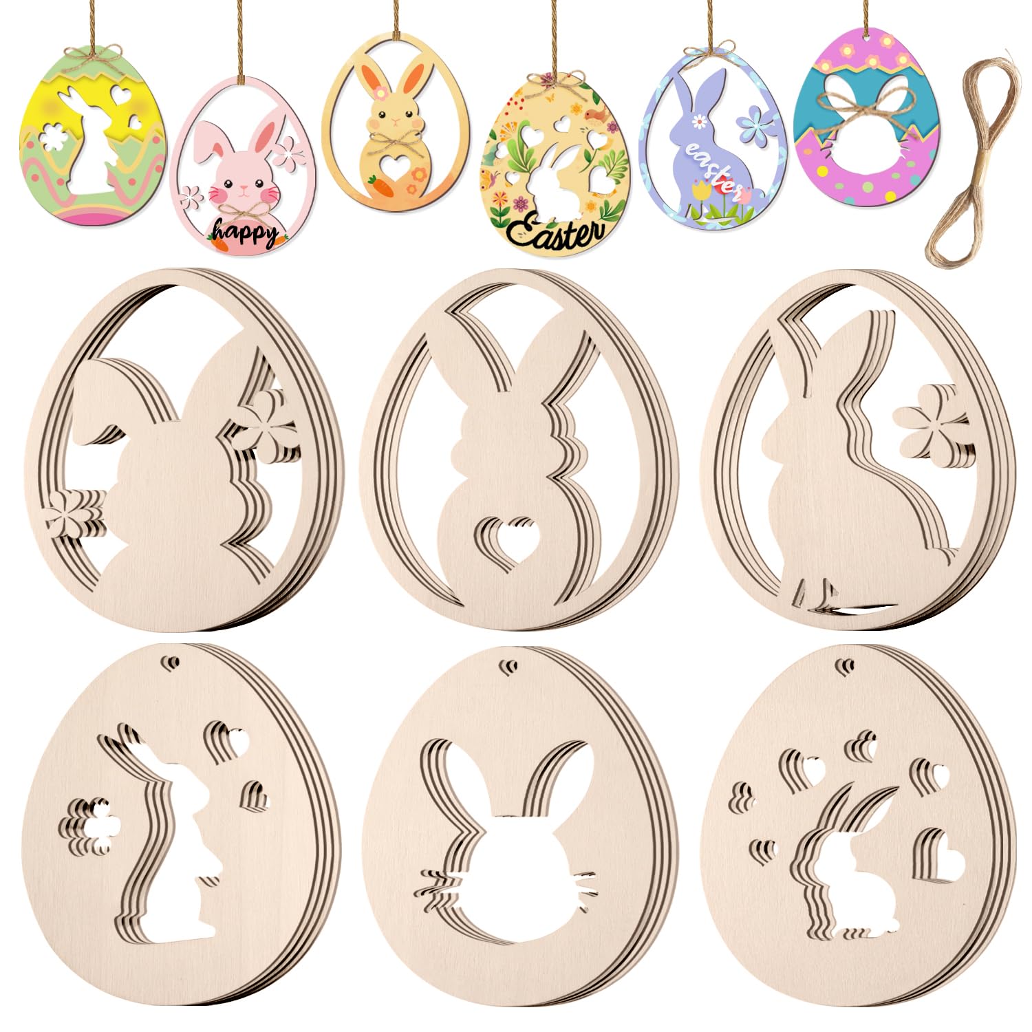 Easter Wood Cutouts Unfinished Wooden Egg Bunny Crafts 24Pcs Flat Paintable Eggs Bunnies Cutout for Home Hanging Craft Ornaments Classroom Gifts