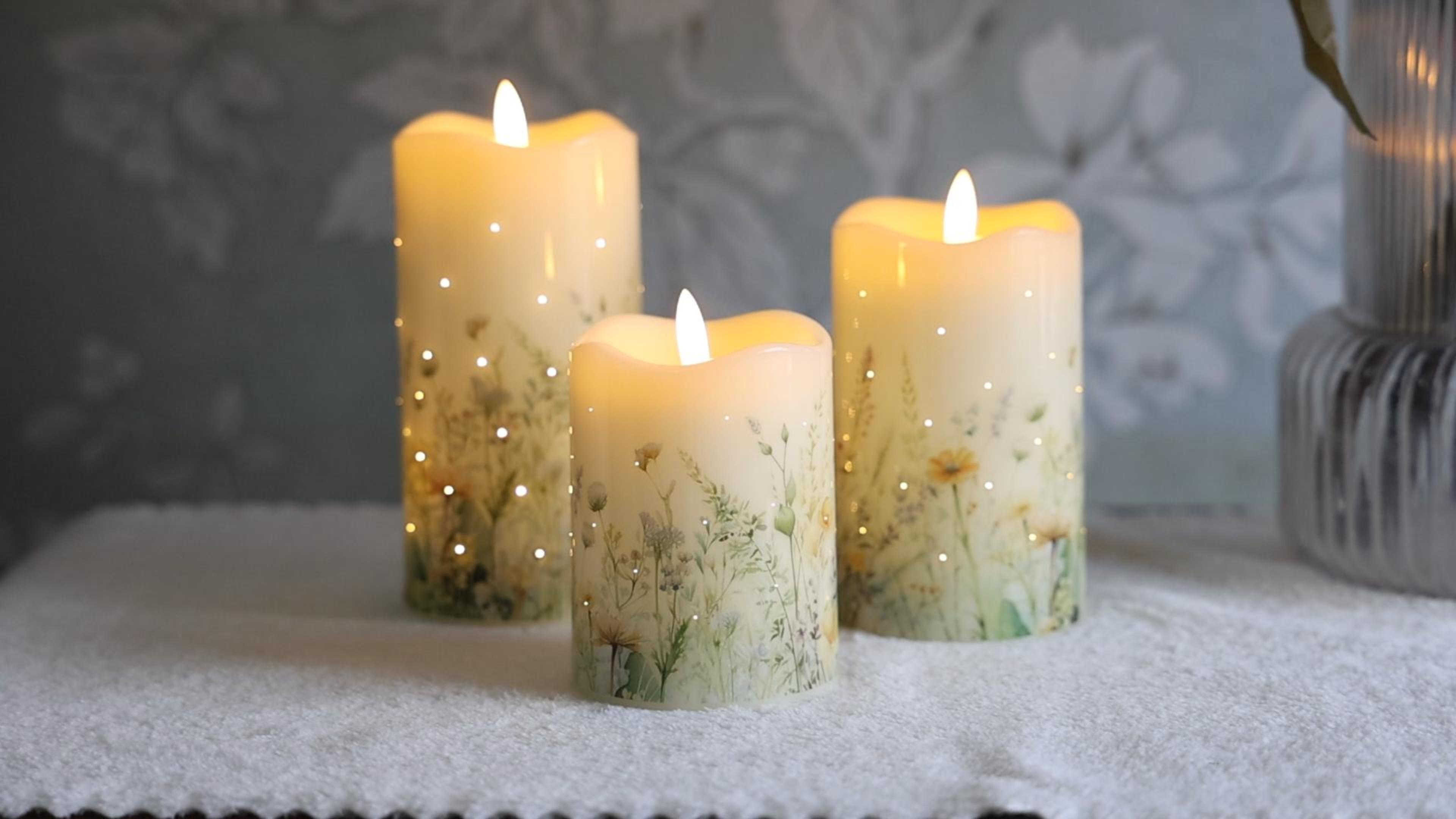 Image of Flameless Candles, Battery Operated Floral Candles with Remote, Fiber Optic Flameless Pillar Candles Set of 3 for Spring Decorations Indoor