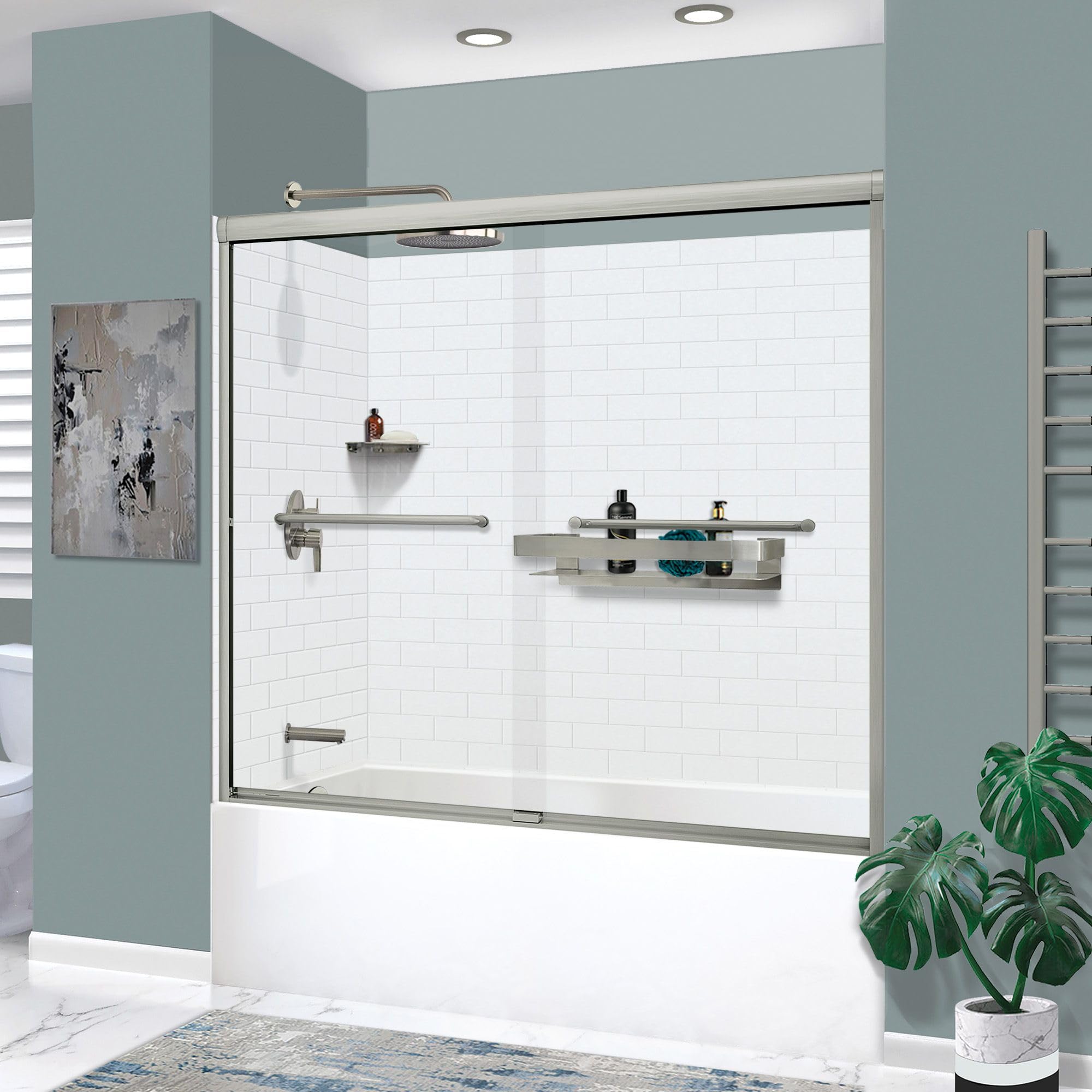 Transolid KTAFS603660L-21BS 60-in x 36-in x 80-in 7-Piece Glue-on Saramar Shower/Tub Kit with Door Faucet and Accessories (White/Brushed Stainless)