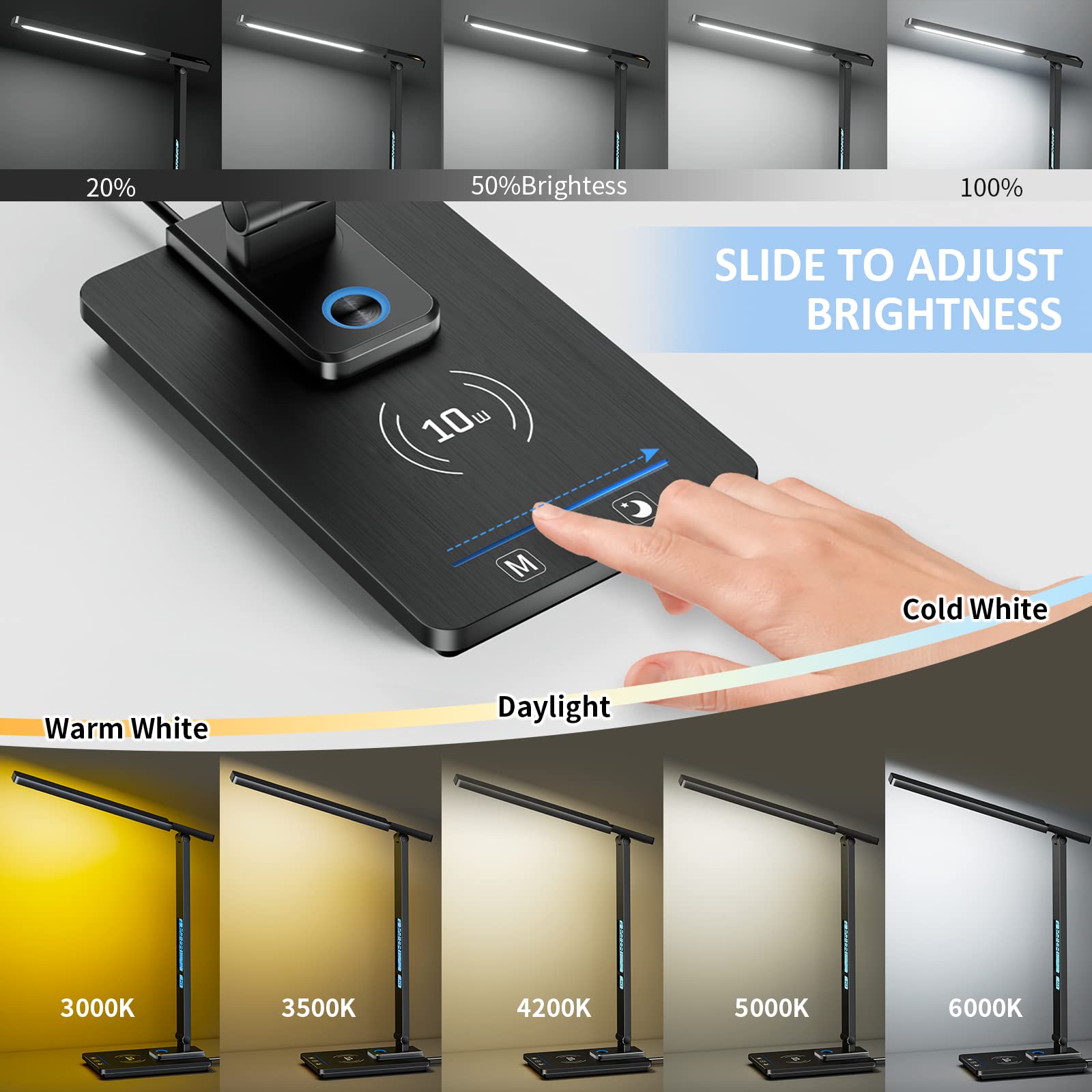 YAMYONE Lampada da Scrivania LED Tavolo Touch Control 3 Modalità 5 Livelli Luminosità Wireless USB Ricar… — immagine 6 di 12