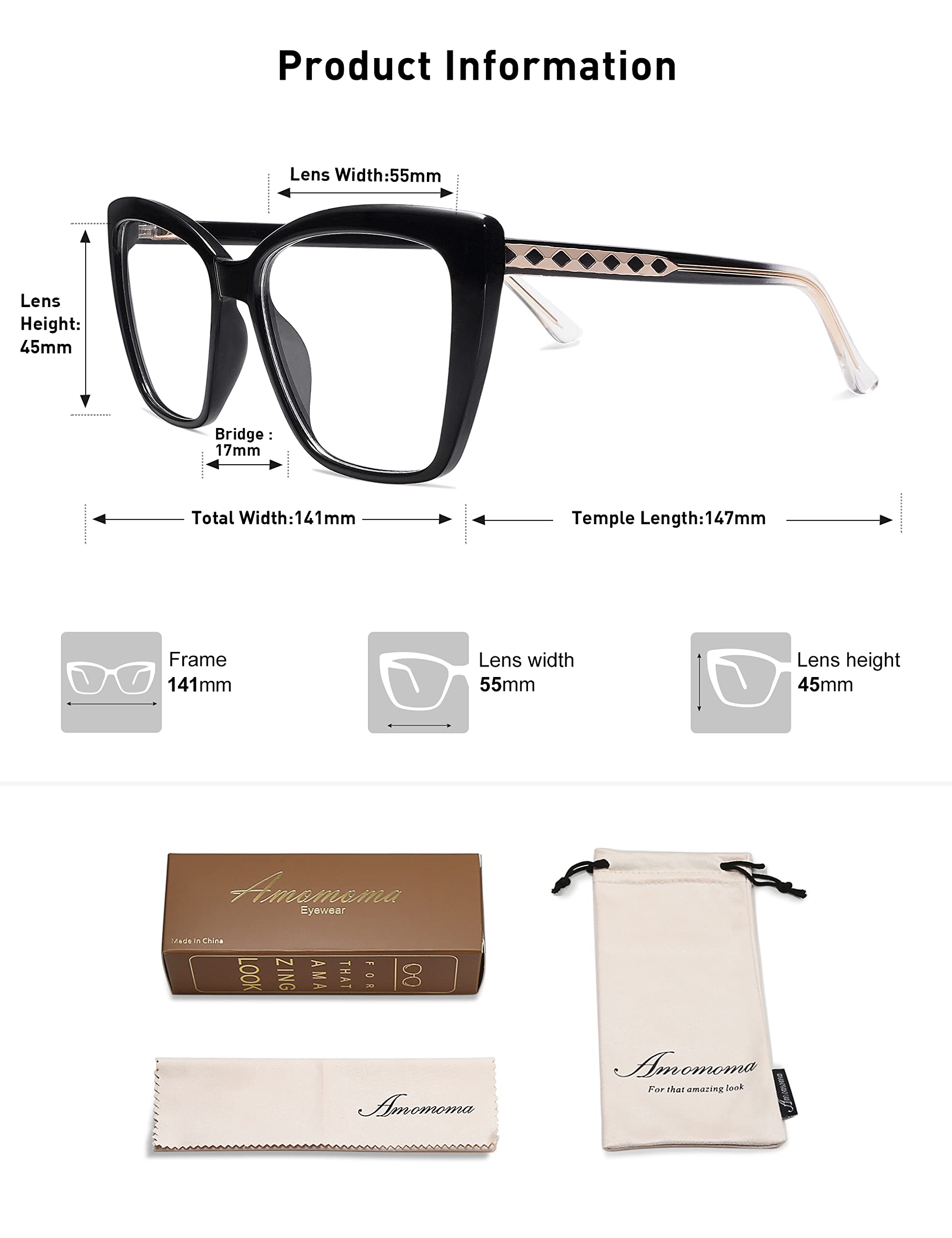 AMOMOMA Modne okulary do czytania TR90 oversize niebieskie światło damskie, stylowe kwadratowe okulary kocie oczy AM6031