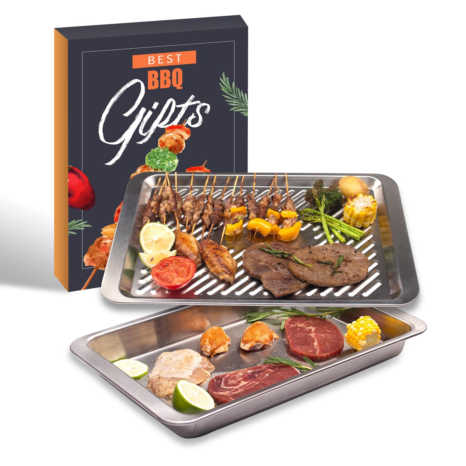 Grilling Prep and Serve Trays, Set of 2 Stackable Stainless Steel BBQ Trays Marinating Tray Serving Platter for Plating Food BBQ Prep Tub for Marinating Meats, Grill Accessories