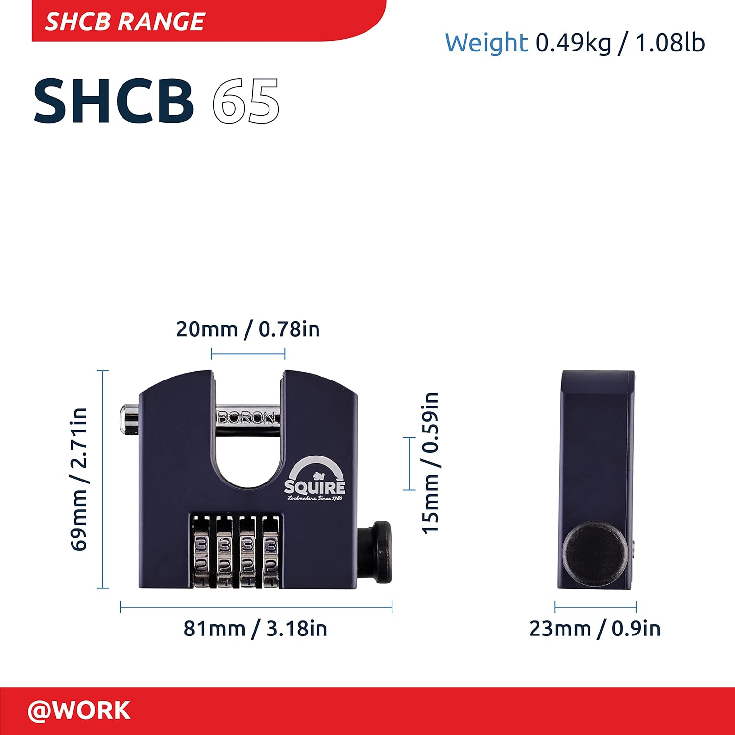 Technical drawing of the Squire SHCB65 padlock showing its dimensions: 81mm (3.18in) width, 69mm (2.71in) height, 20mm (0.78in) shackle clearance, 15mm (0.59in) shackle diameter, and 23mm (0.9in) body thickness. Weight is 0.49kg / 1.08lb.