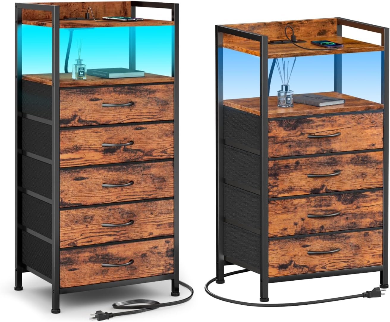 Furnulem Nightstand with 5 Storage Drawer, Tall Dresser for Bedroom with Led Light and Charging Station, Side Table Nightstand for Closet, Fabric Bins, Metal Frame, Wood Shelf