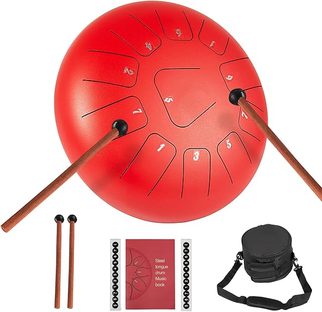 BuoQua Steel Tongue Drum 11 Notes 10 Inches Handpan Steel Drum Red Handpan Drum Hand Drums Percussion Instrument with Bag